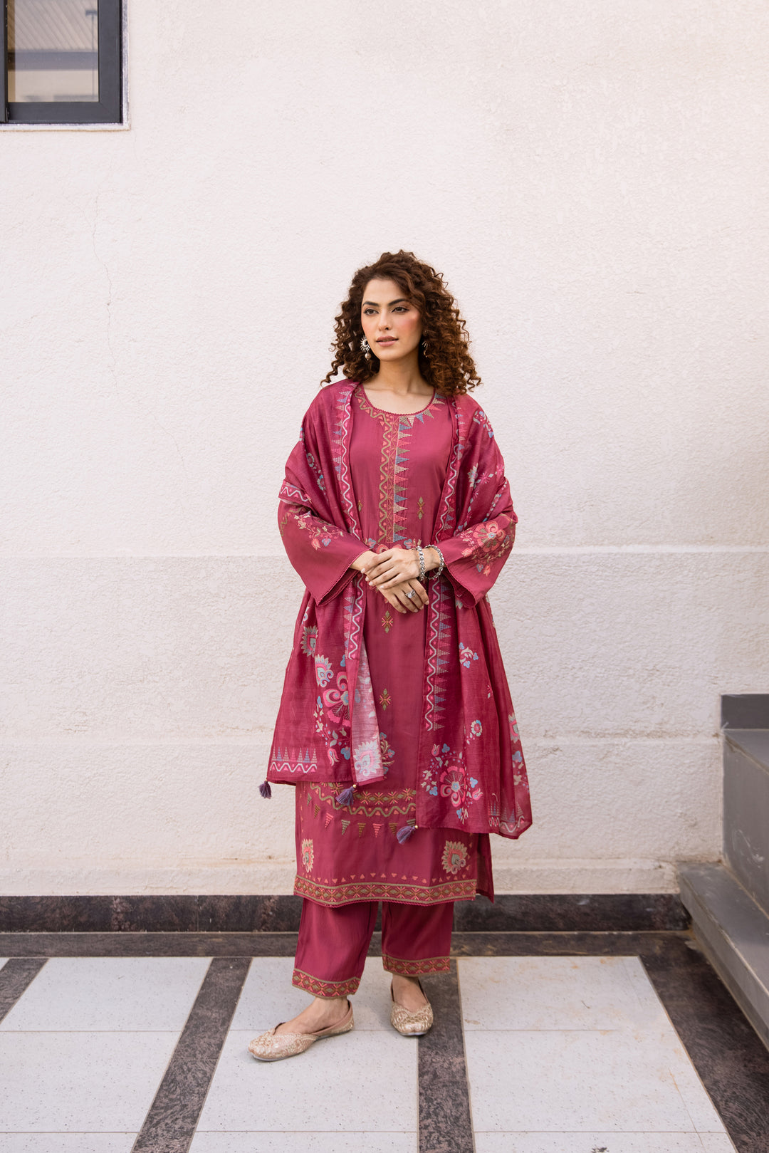 Nehamta Women's Rani Pink Modal Muslin Kurta with Pant & Dupatta