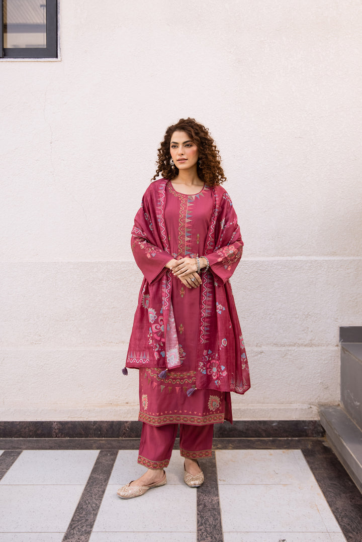 Nehamta Women's Rani Pink Modal Muslin Kurta with Pant & Dupatta