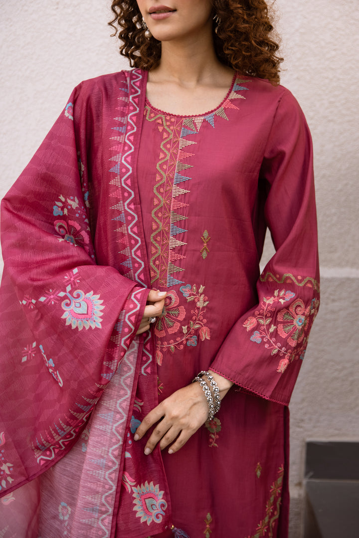 Nehamta Women's Rani Pink Modal Muslin Kurta with Pant & Dupatta