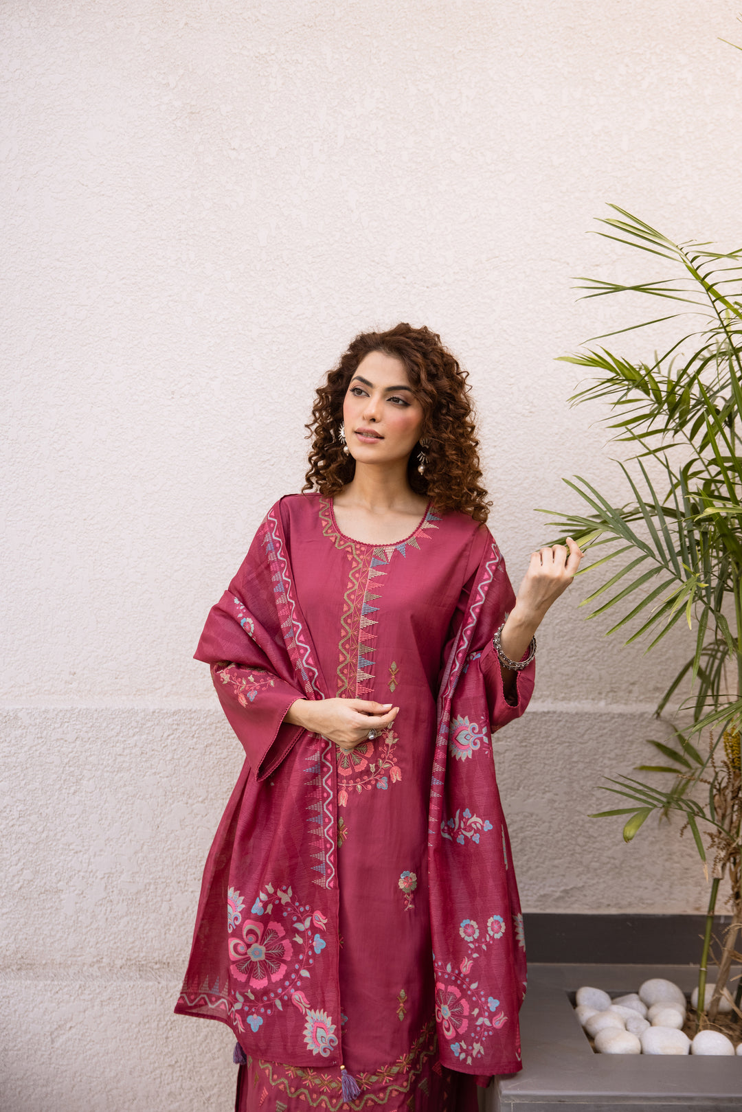 Nehamta Women's Rani Pink Modal Muslin Kurta with Pant & Dupatta