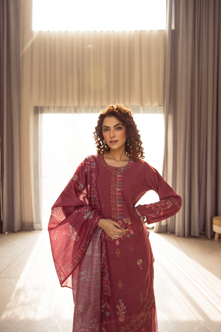 Nehamta Women's Rani Pink Modal Muslin Kurta with Pant & Dupatta