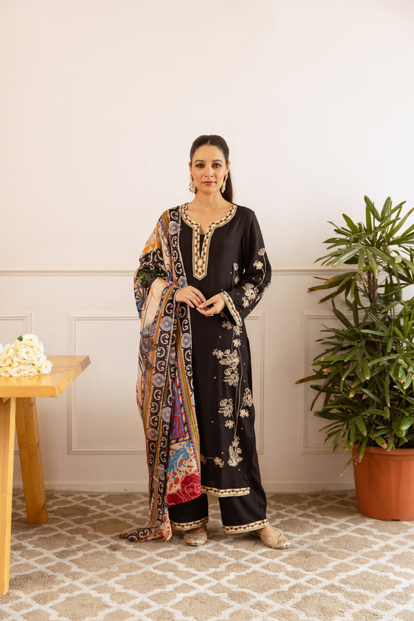 Nehamta Women's Black German Rayon Kurta with Palazzo & Dupatta