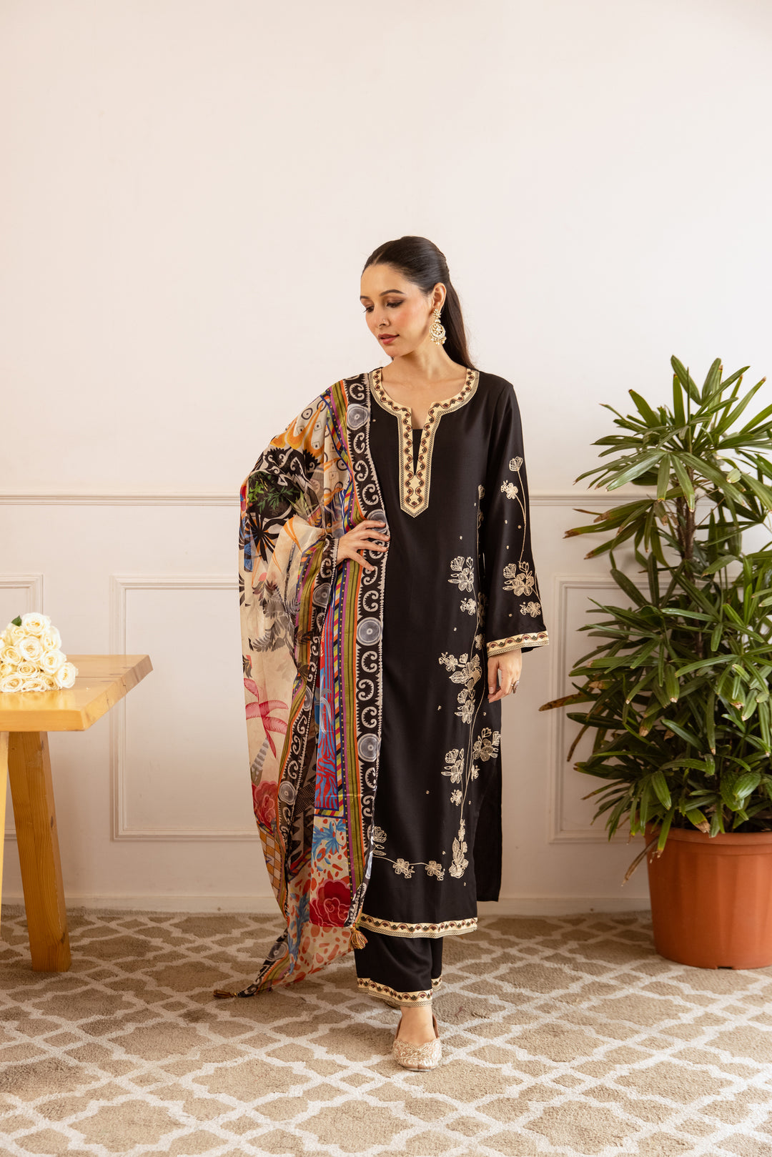 Nehamta Women's Black German Rayon Kurta with Palazzo & Dupatta