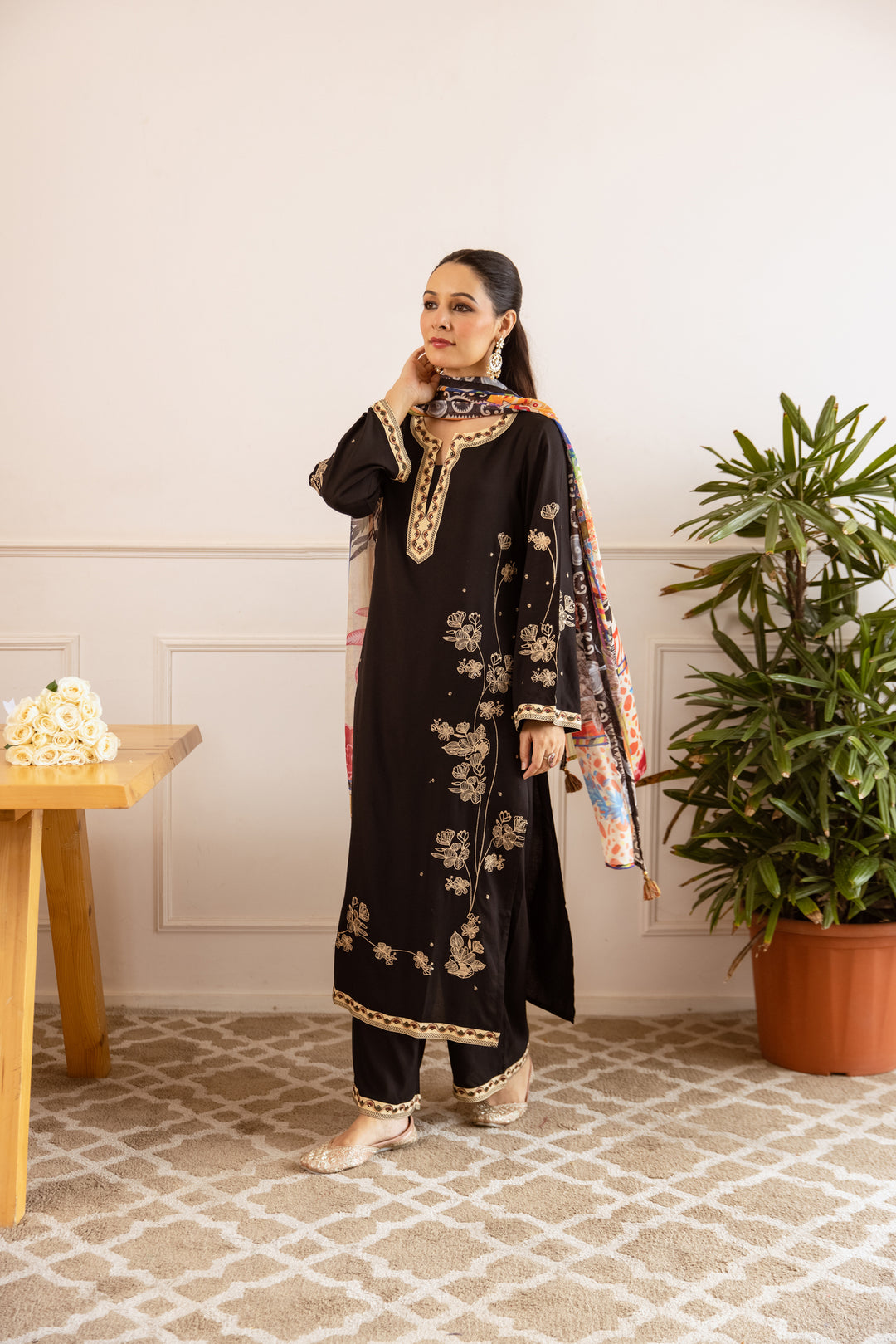 Nehamta Women's Black German Rayon Kurta with Palazzo & Dupatta