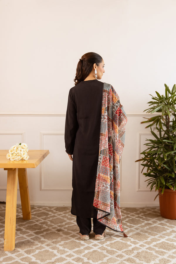Nehamta Women's Black Modal Muslin Kurta with Pant & Dupatta