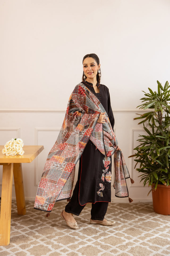 Nehamta Women's Black Modal Muslin Kurta with Pant & Dupatta