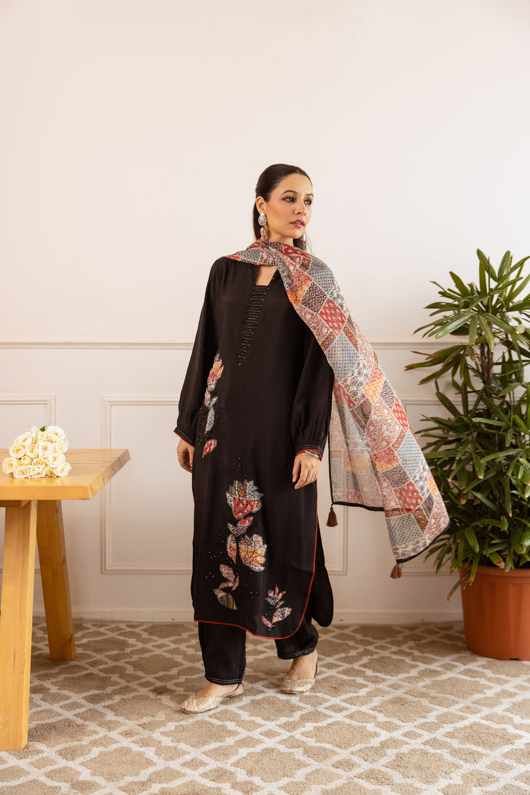 Nehamta Women's Black Modal Muslin Kurta with Pant & Dupatta