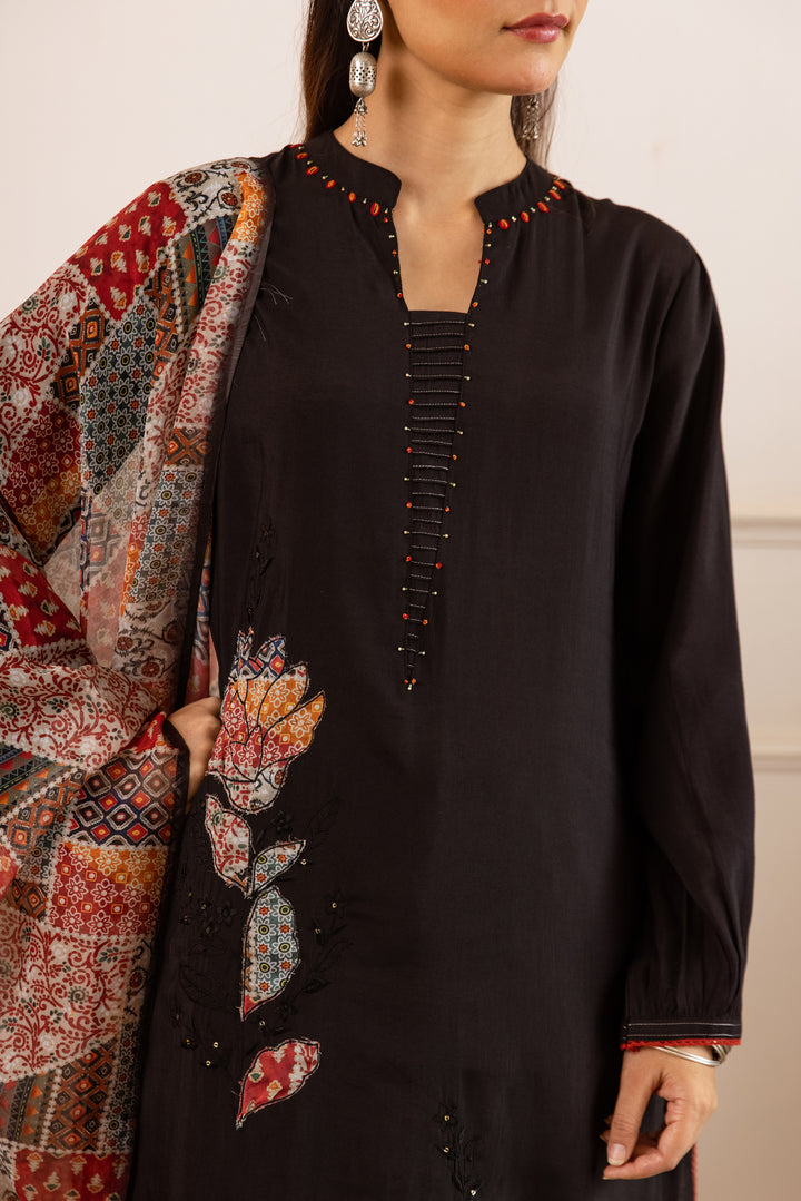 Nehamta Women's Black Modal Muslin Kurta with Pant & Dupatta