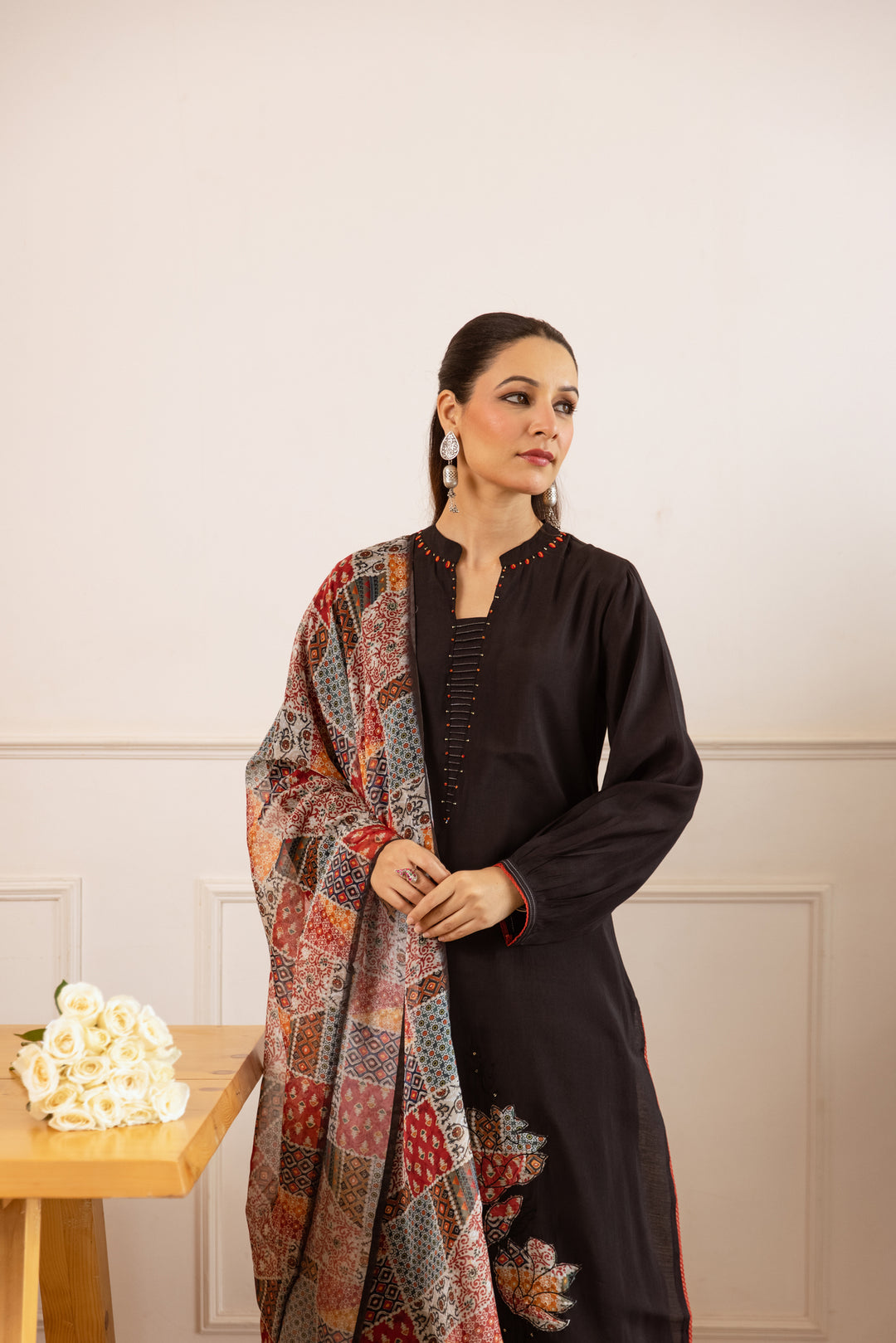 Nehamta Women's Black Modal Muslin Kurta with Pant & Dupatta