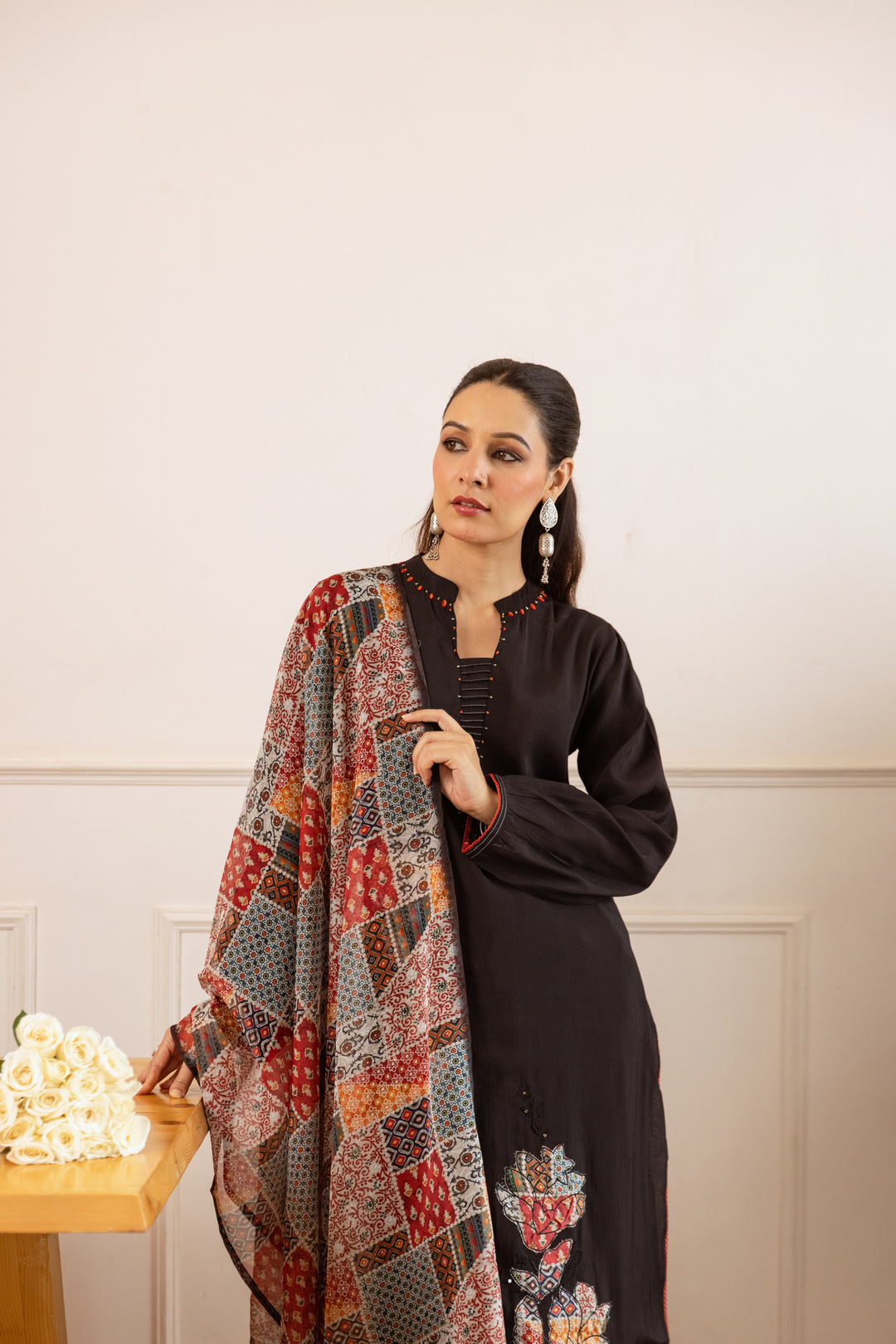 Nehamta Women's Black Modal Muslin Kurta with Pant & Dupatta