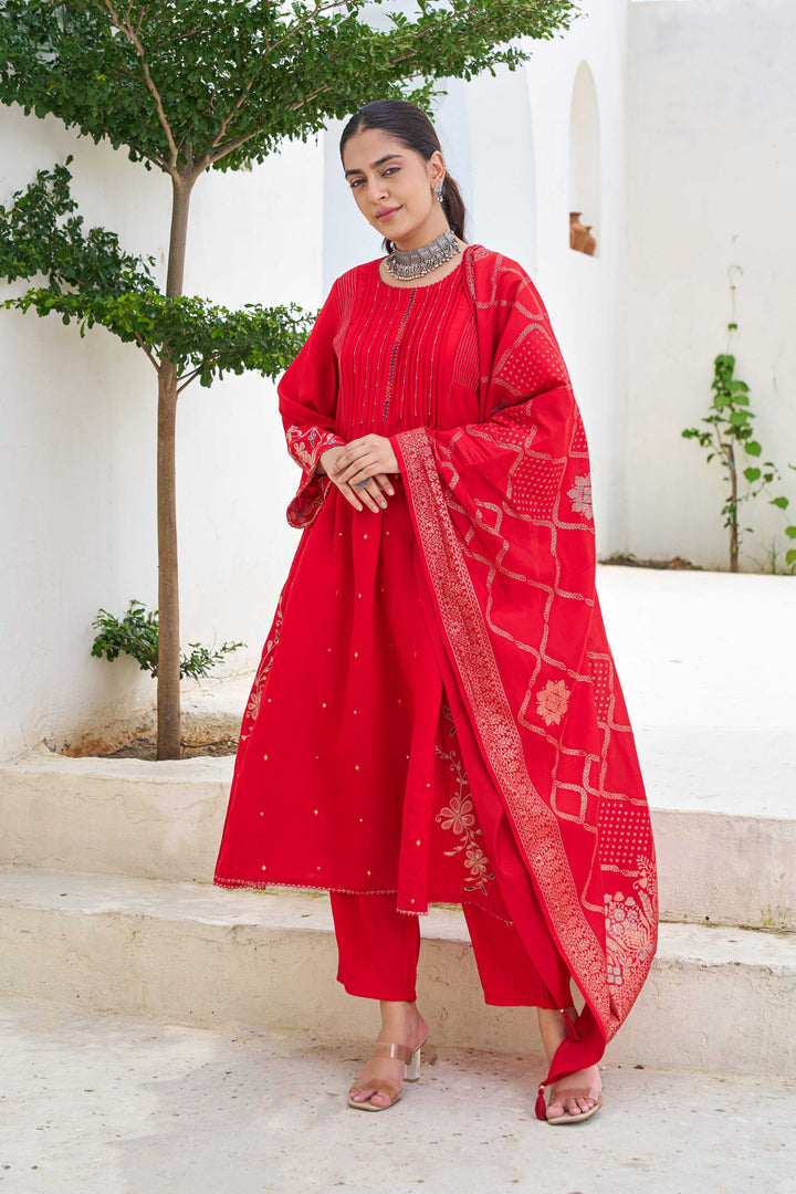 Nehamta Women's Red Modal Muslin Kurta with Pant & Dupatta