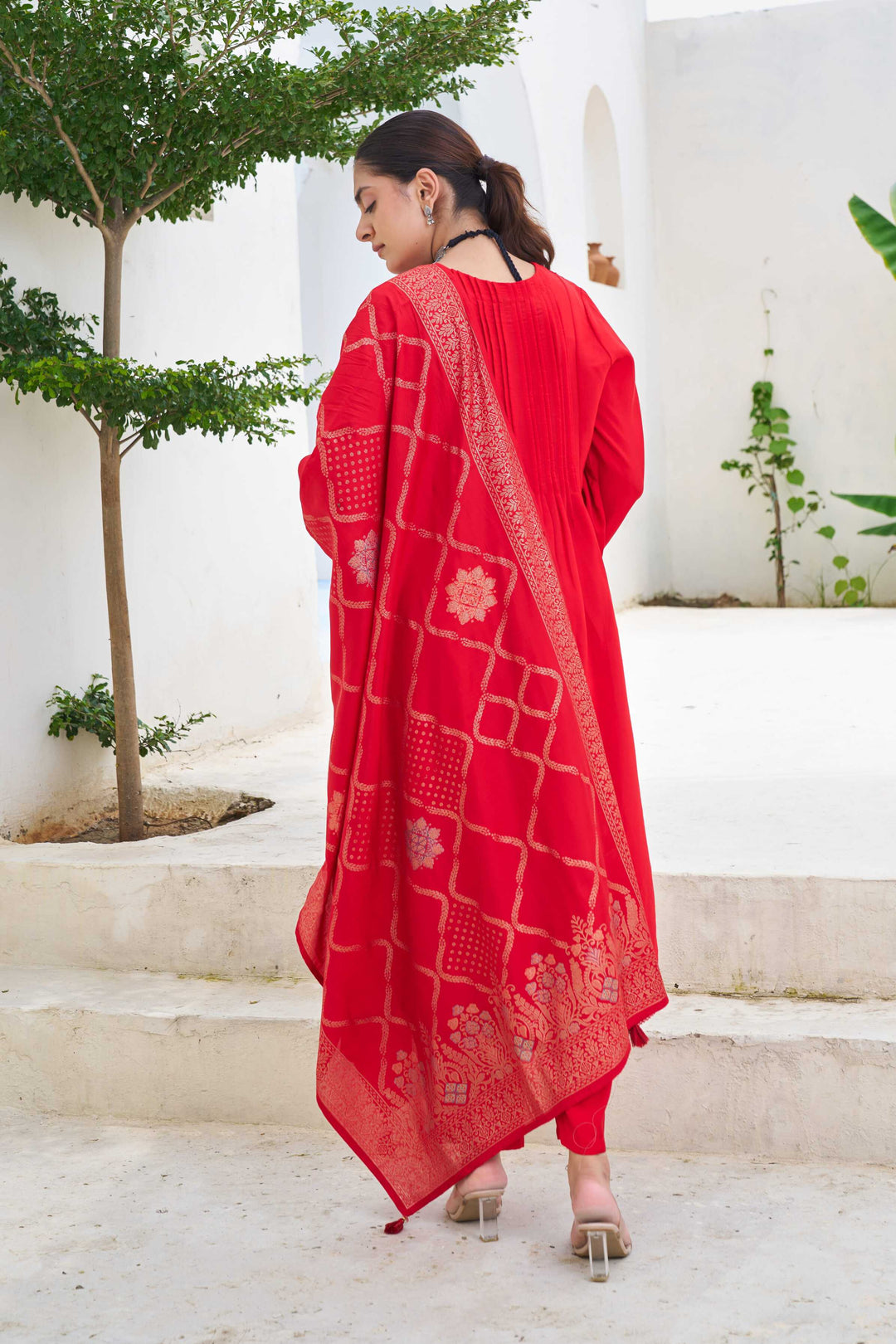 Nehamta Women's Red Modal Muslin Kurta with Pant & Dupatta