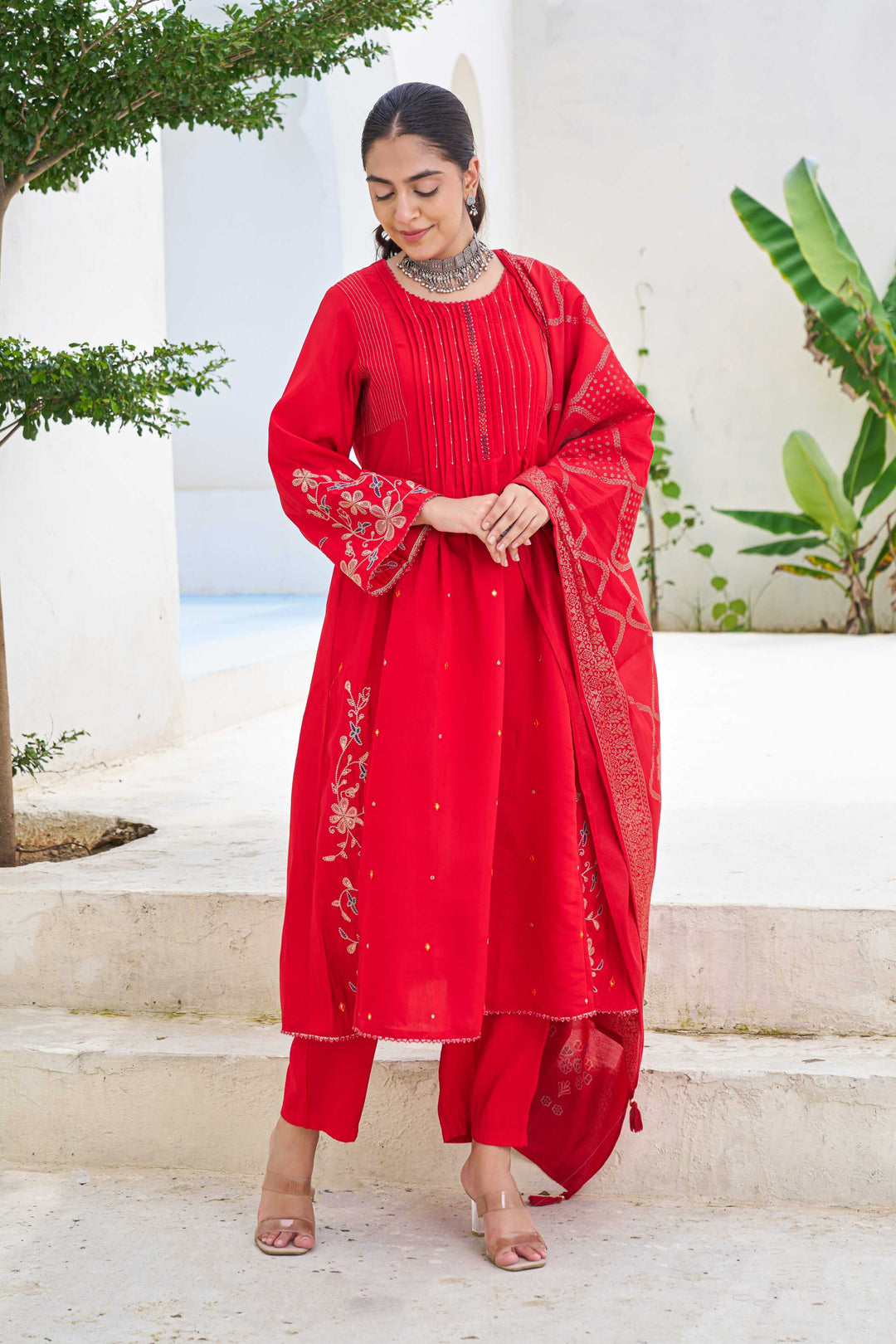 Nehamta Women's Red Modal Muslin Kurta with Pant & Dupatta
