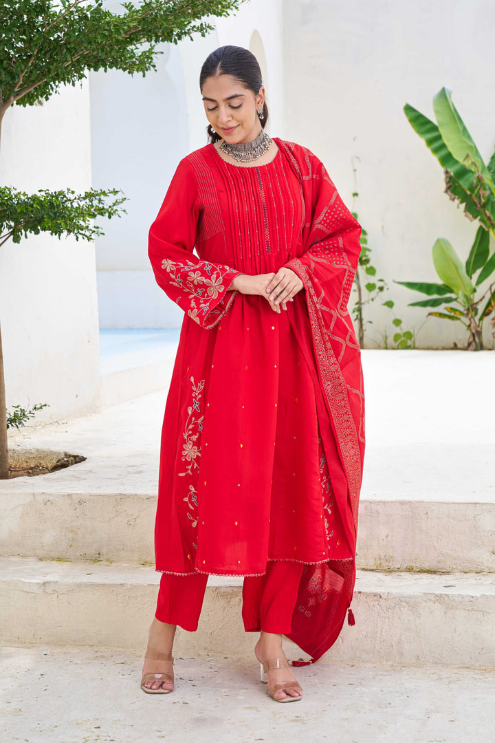 Nehamta Women's Red Modal Muslin Kurta with Pant & Dupatta