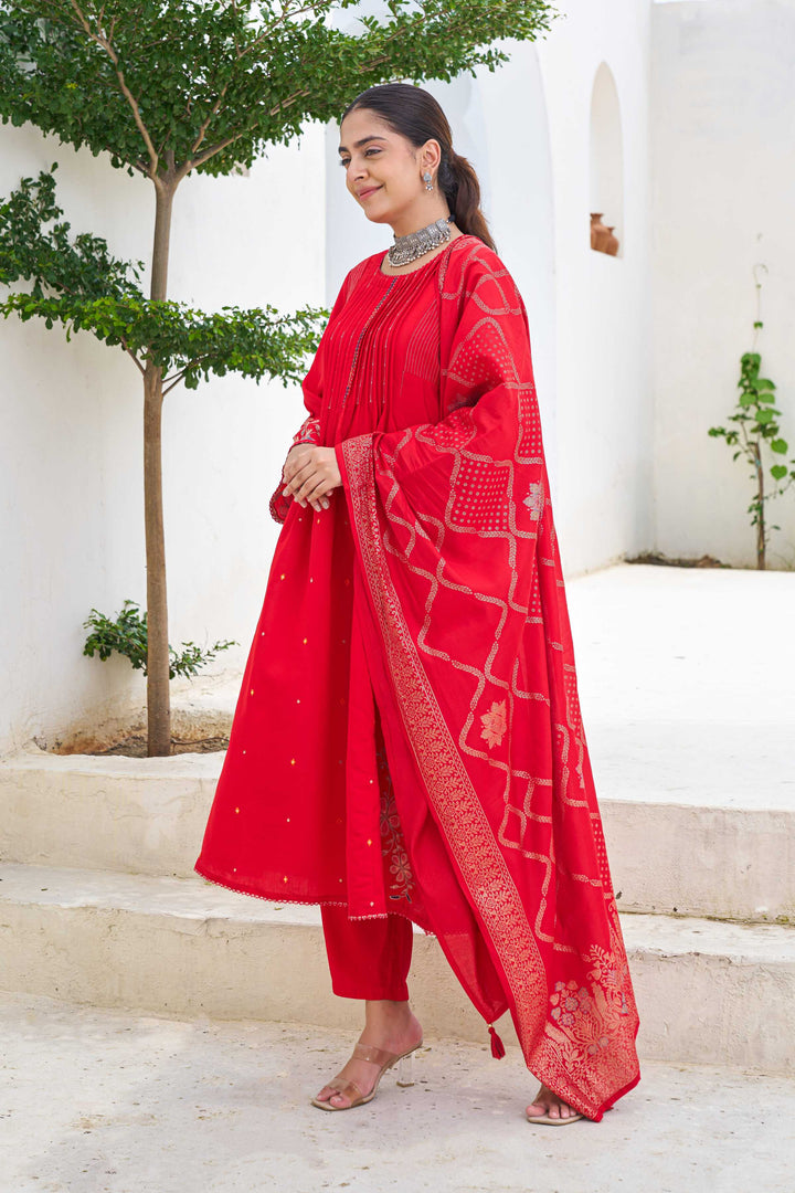 Nehamta Women's Red Modal Muslin Kurta with Pant & Dupatta