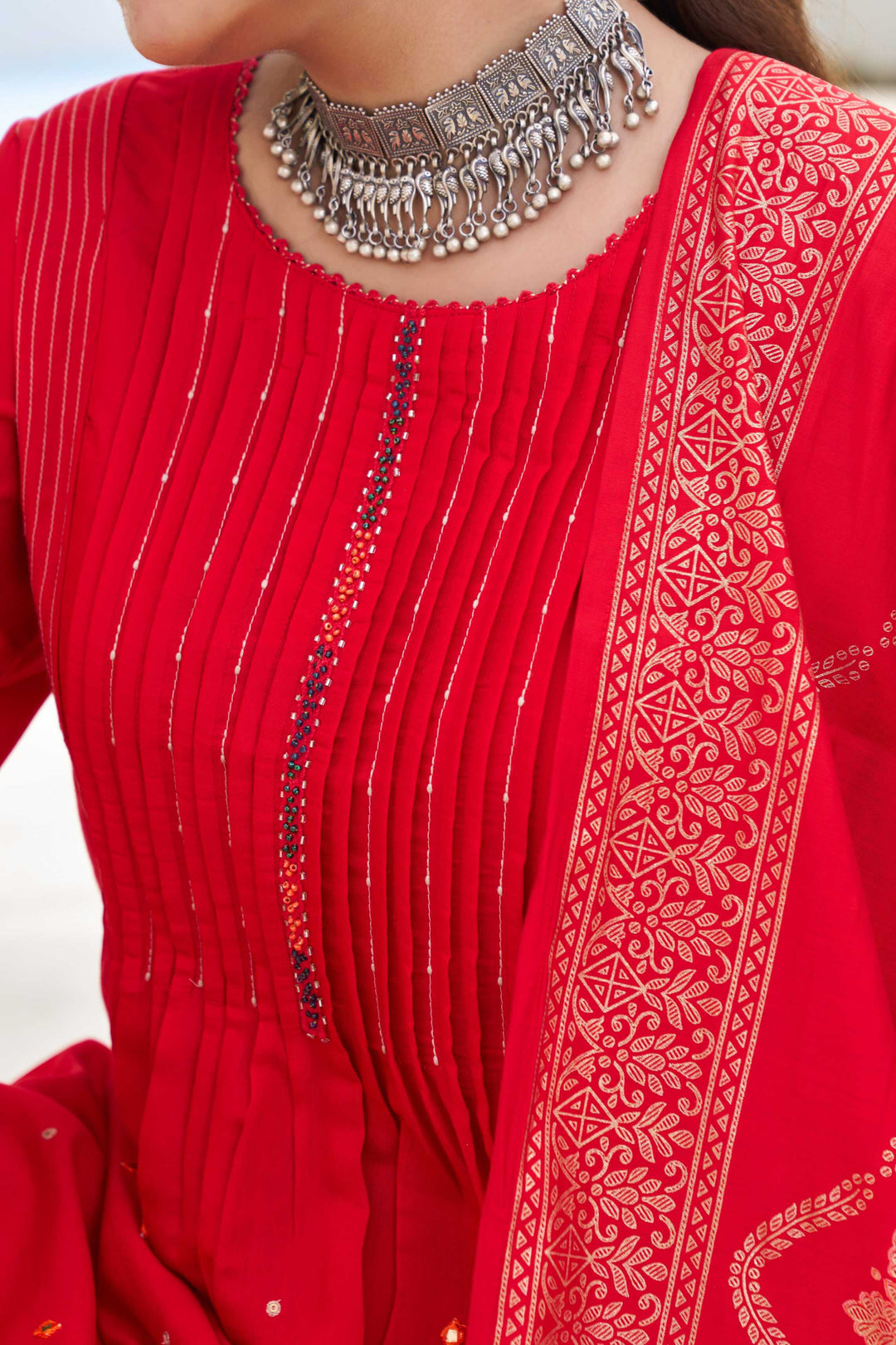 Nehamta Women's Red Modal Muslin Kurta with Pant & Dupatta