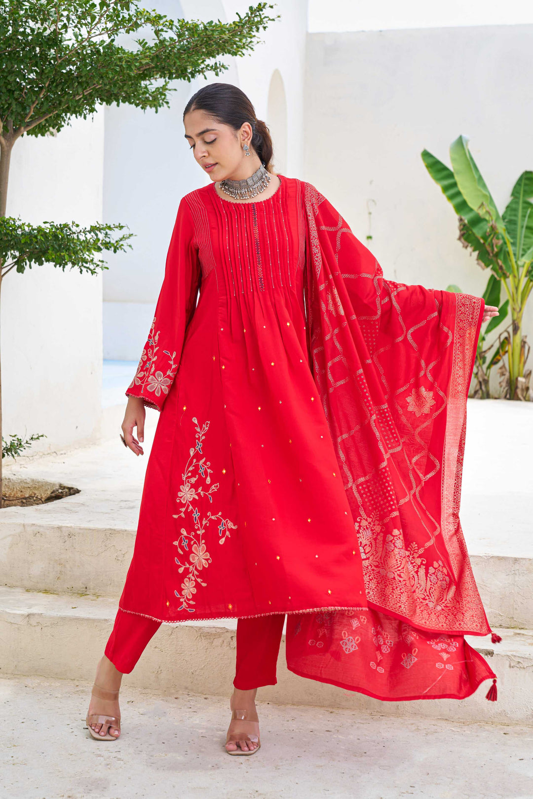 Nehamta Women's Red Modal Muslin Kurta with Pant & Dupatta