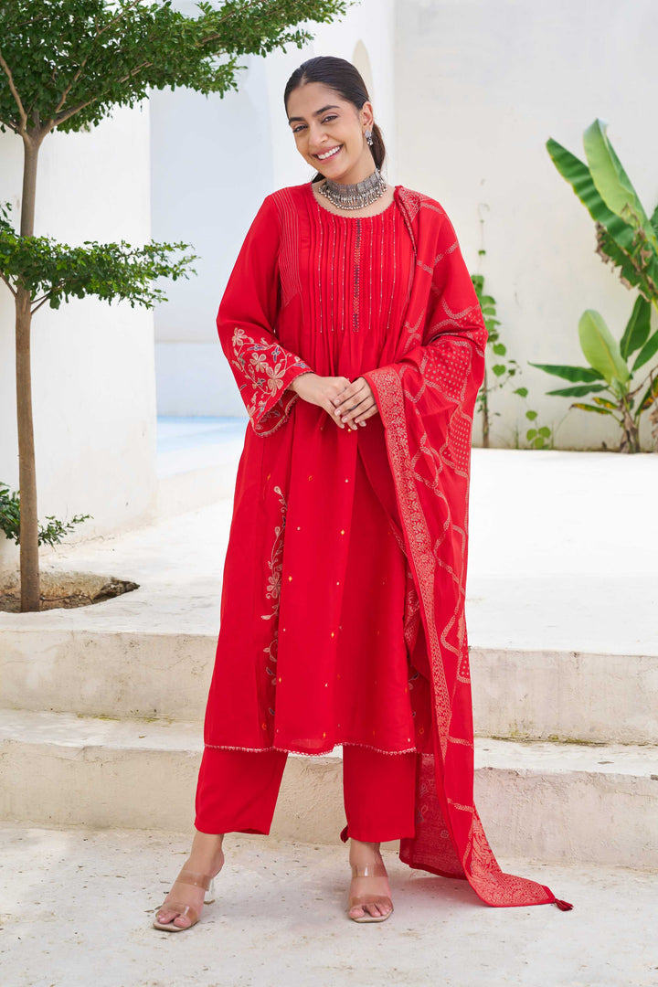 Nehamta Women's Red Modal Muslin Kurta with Pant & Dupatta
