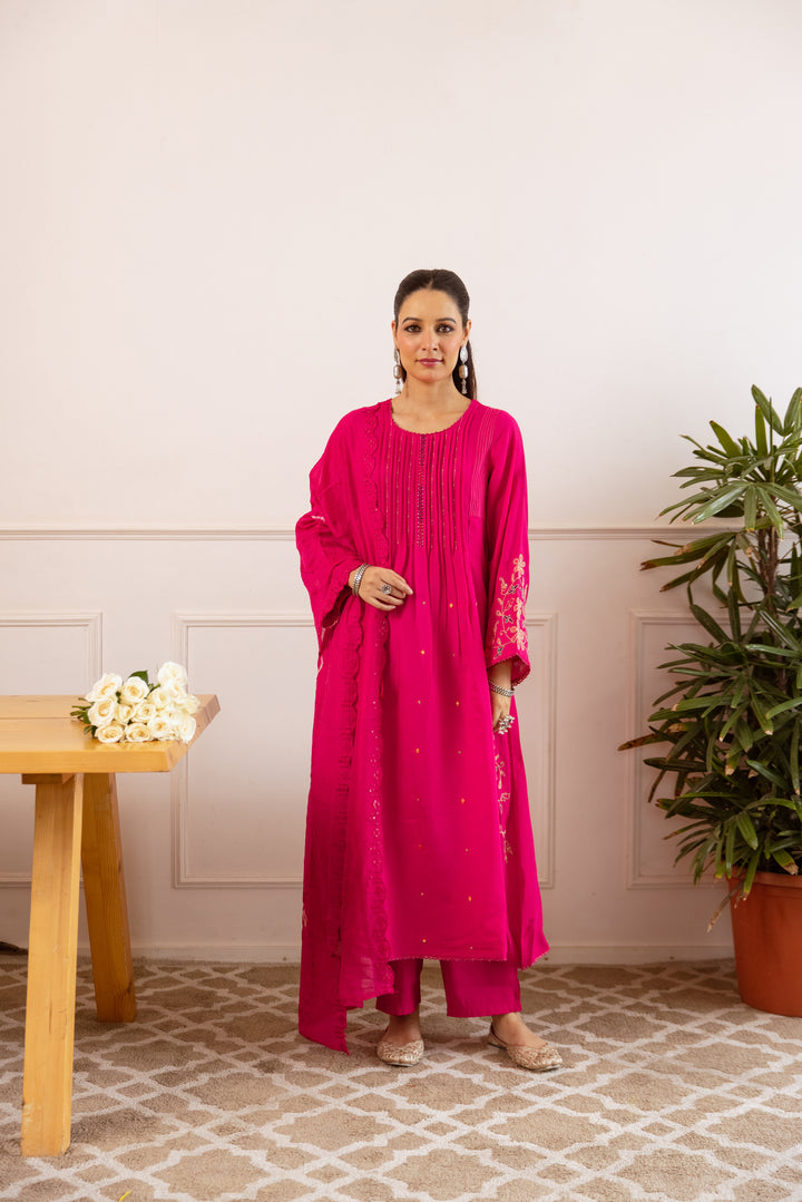 Nehamta Women's Rani Pink Modal Muslin Kurta with Pant & Dupatta