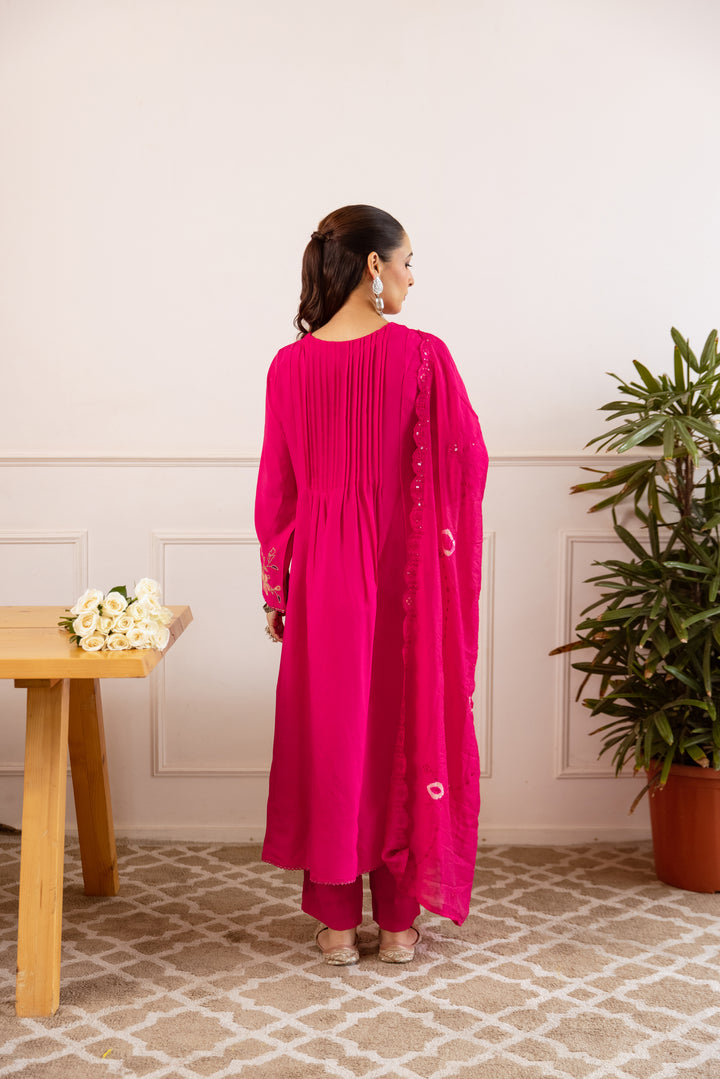 Nehamta Women's Rani Pink Modal Muslin Kurta with Pant & Dupatta