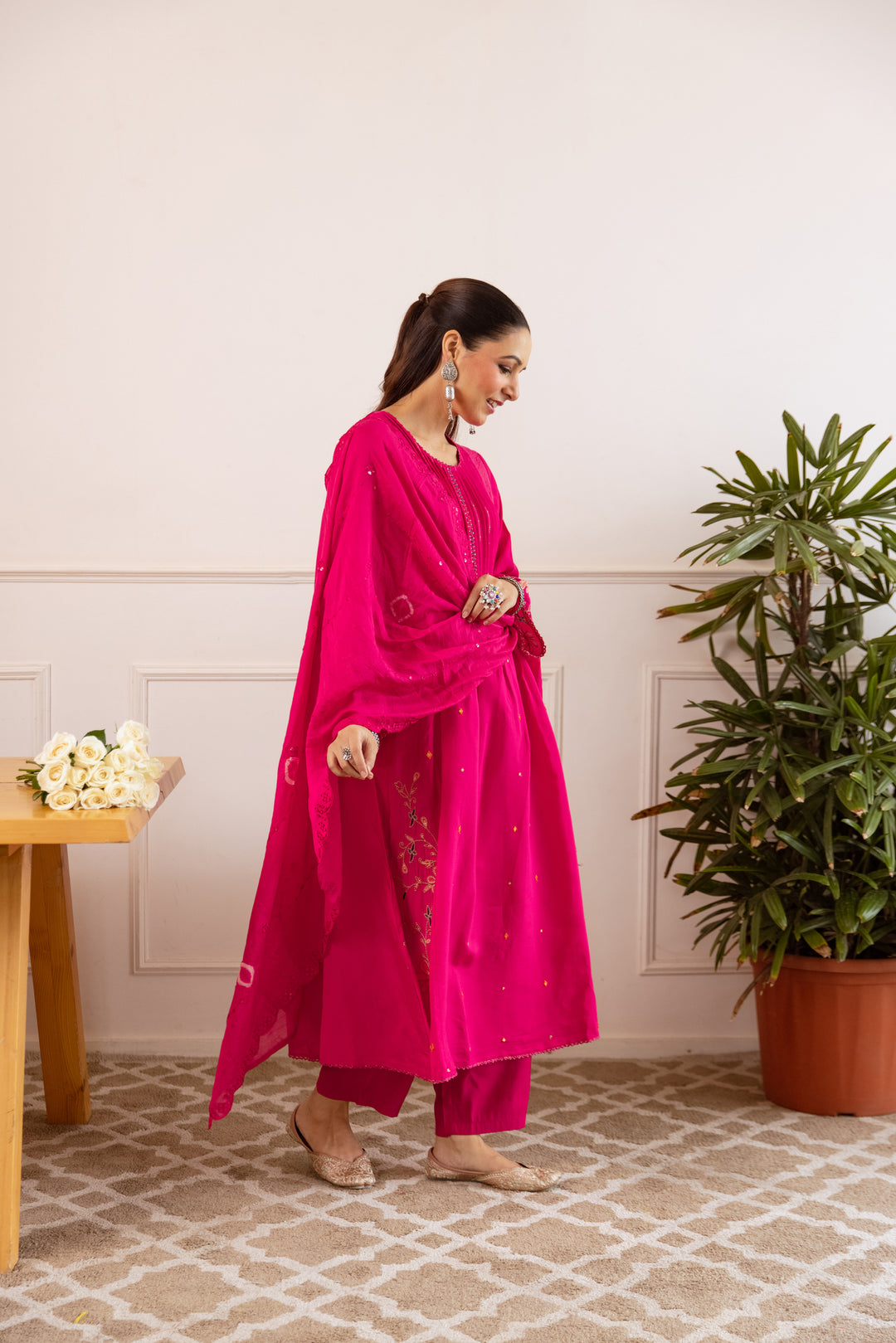 Nehamta Women's Rani Pink Modal Muslin Kurta with Pant & Dupatta