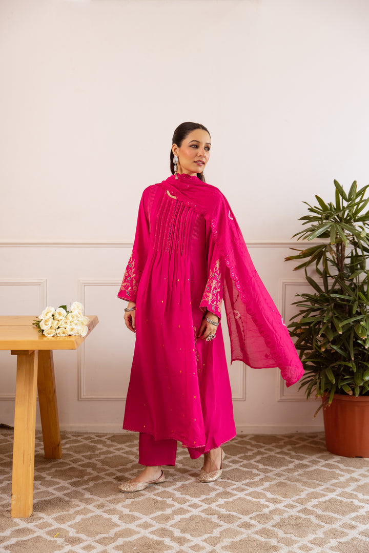 Nehamta Women's Rani Pink Modal Muslin Kurta with Pant & Dupatta