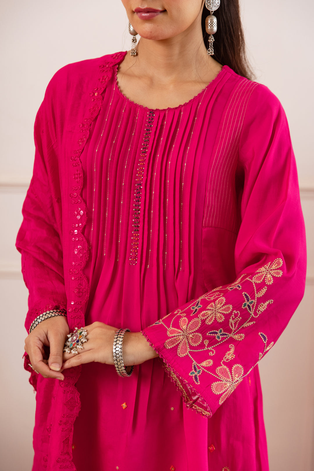 Nehamta Women's Rani Pink Modal Muslin Kurta with Pant & Dupatta