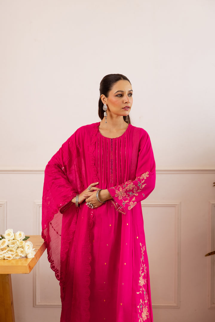 Nehamta Women's Rani Pink Modal Muslin Kurta with Pant & Dupatta