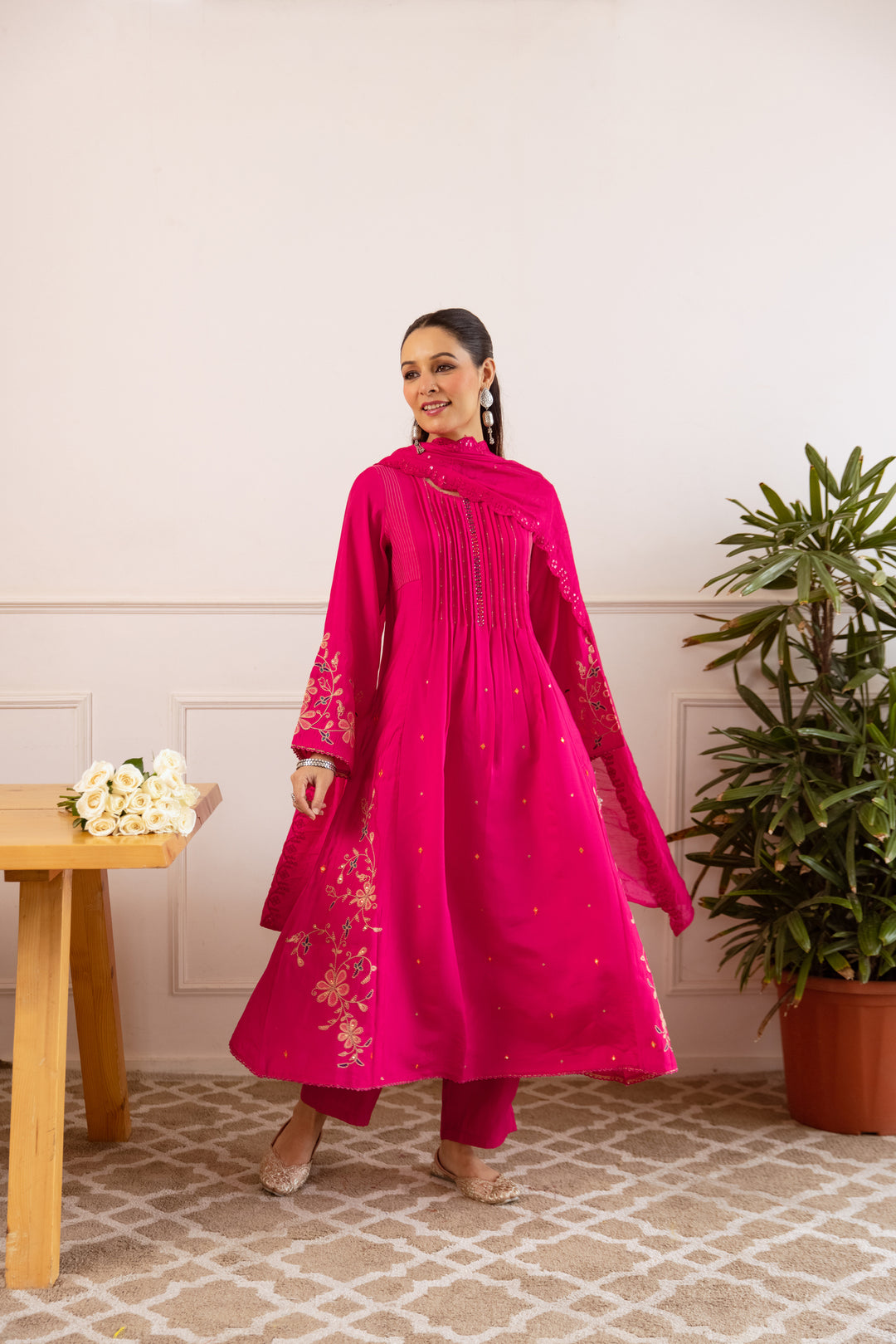 Nehamta Women's Rani Pink Modal Muslin Kurta with Pant & Dupatta