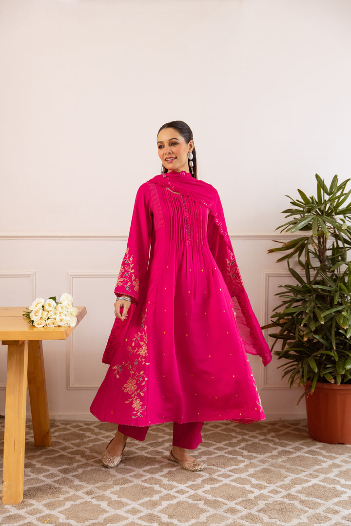 Nehamta Women's Rani Pink Modal Muslin Kurta with Pant & Dupatta