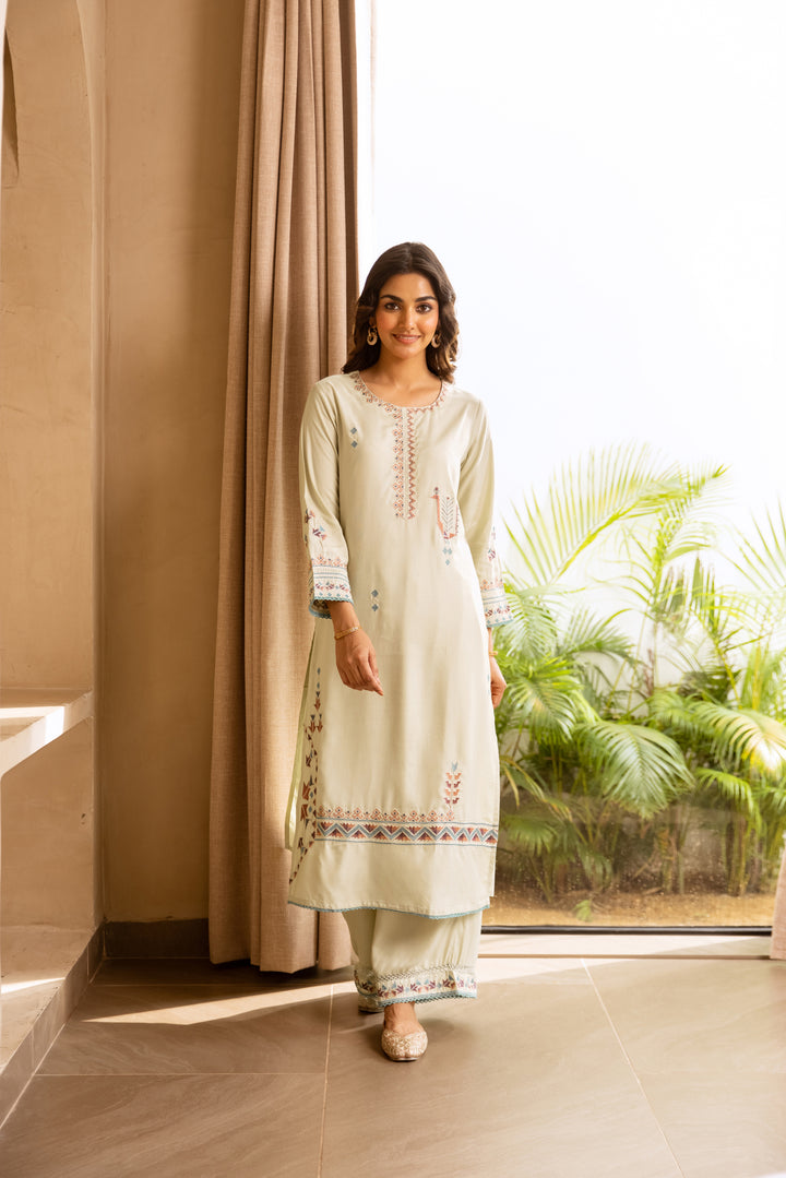 Nehamta Women's Pista Green German Rayon Kurta & Palazzo Set