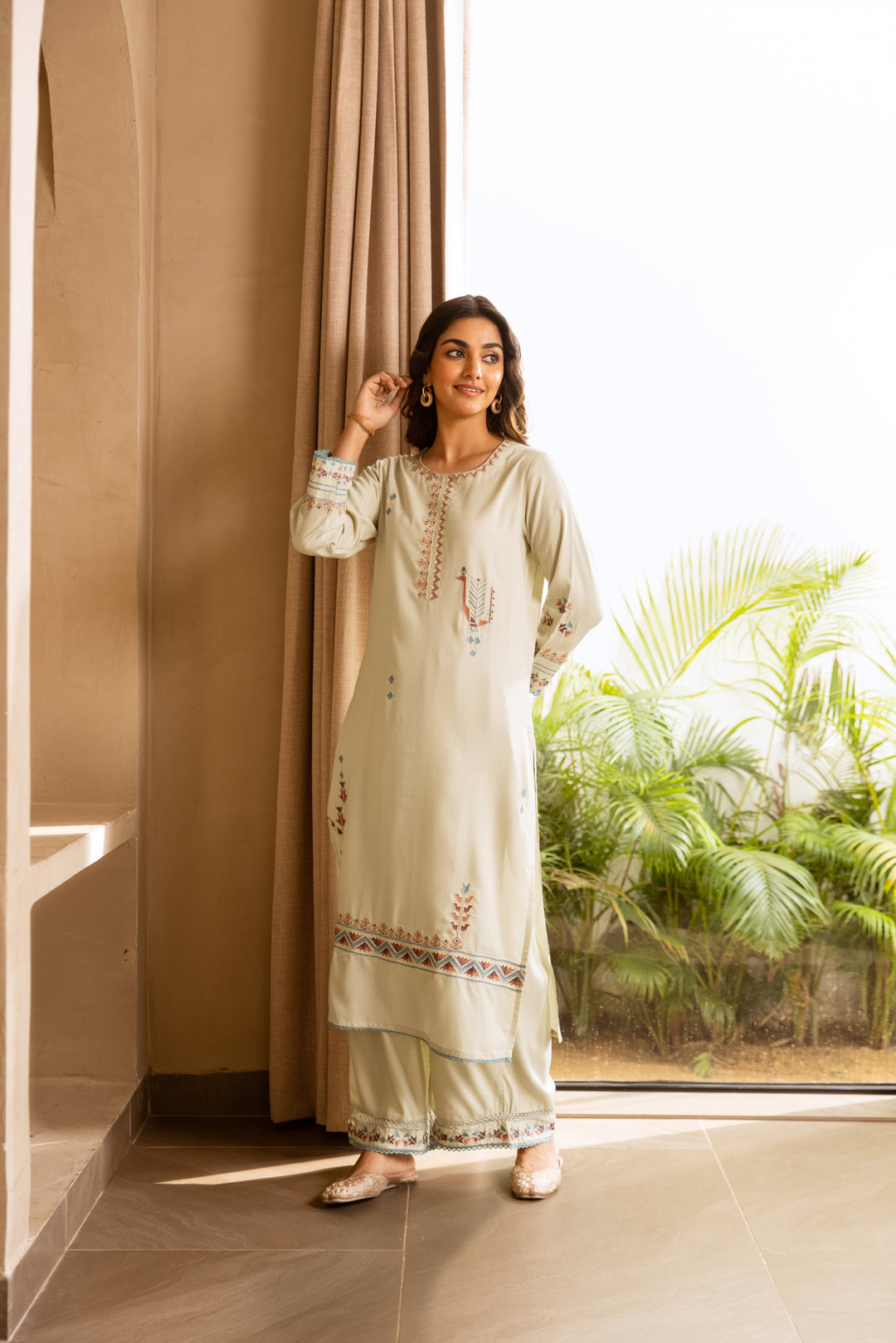 Nehamta Women's Pista Green German Rayon Kurta & Palazzo Set