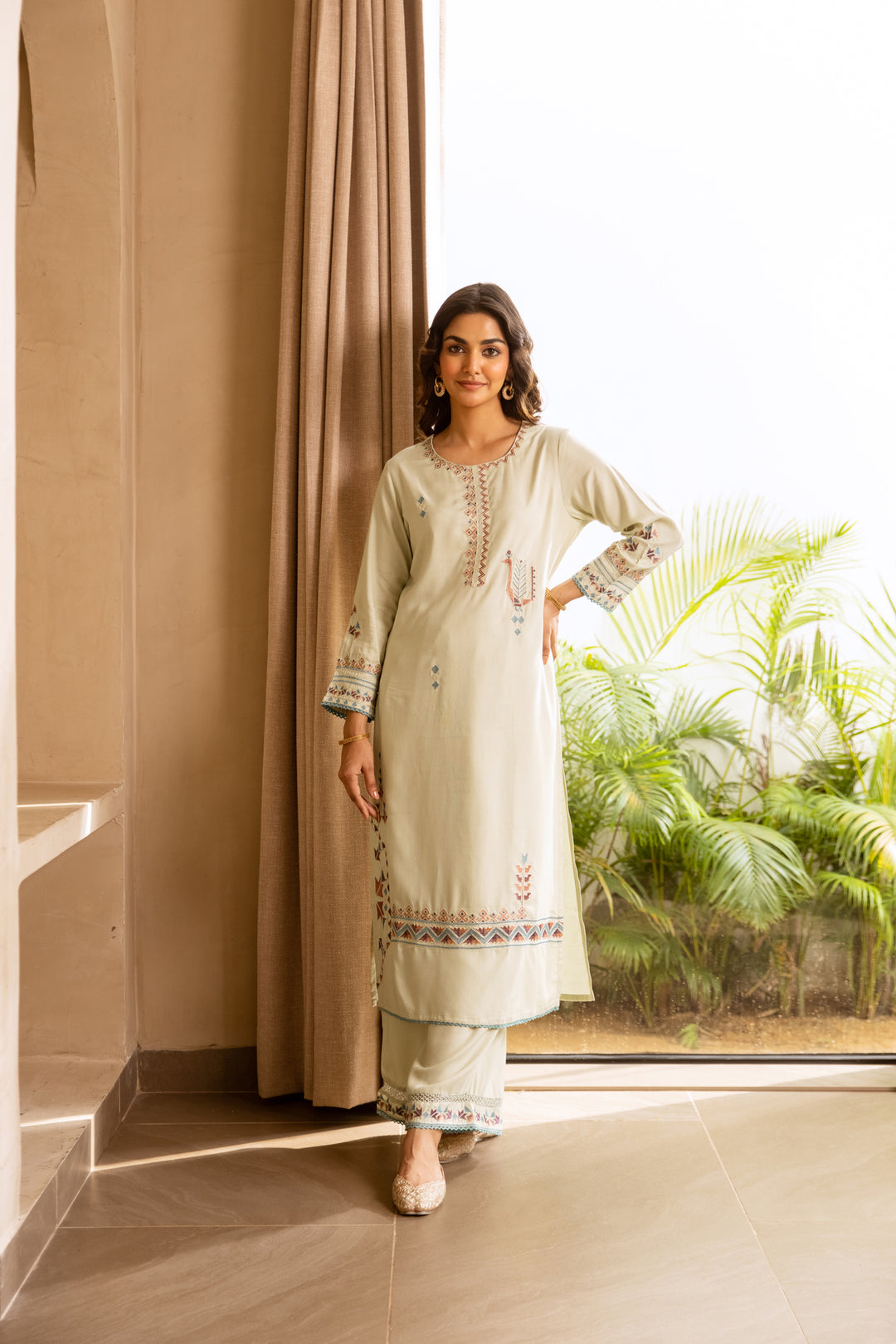 Nehamta Women's Pista Green German Rayon Kurta & Palazzo Set