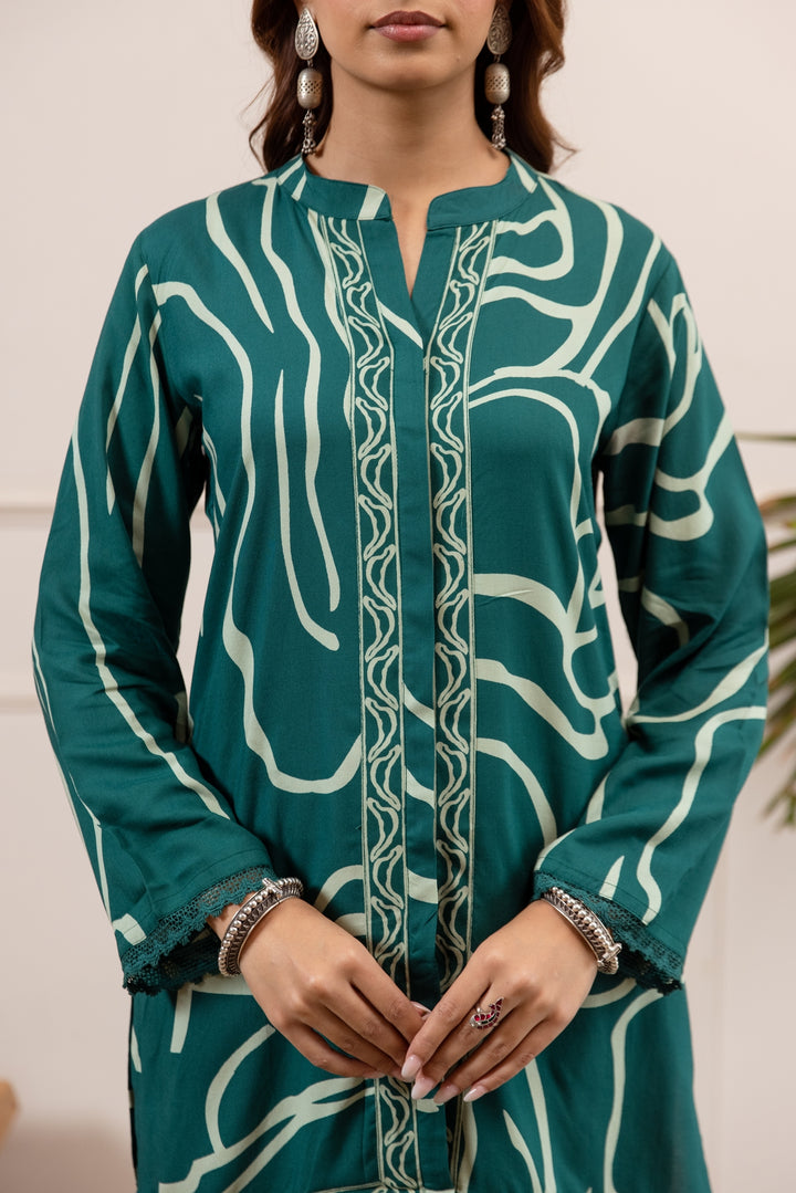 Nehamta Women's Teal German Rayon Tunic with Pant Co-Ords Set