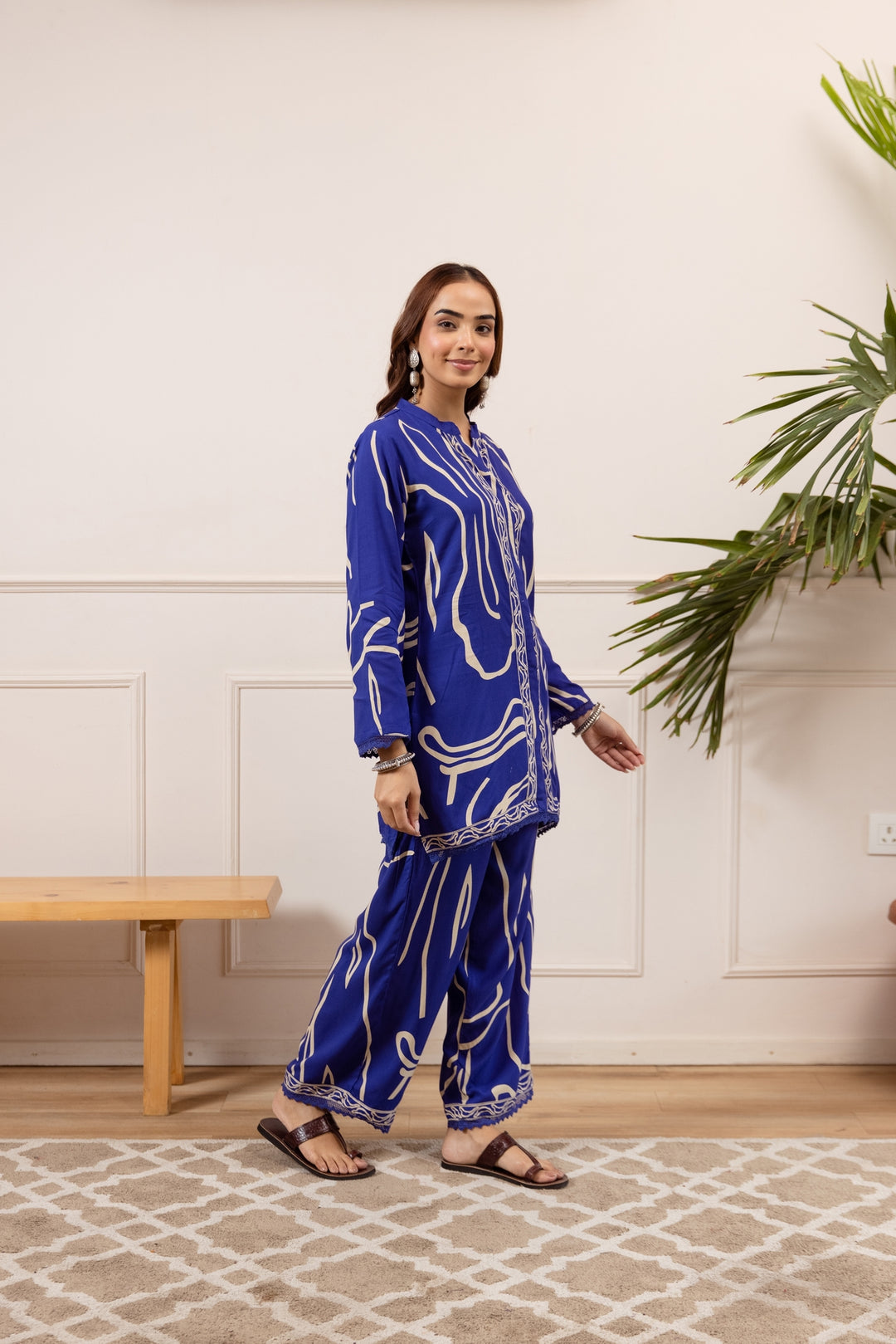 Nehamta Women's Blue German Rayon Tunic with Pant Co-Ords Set