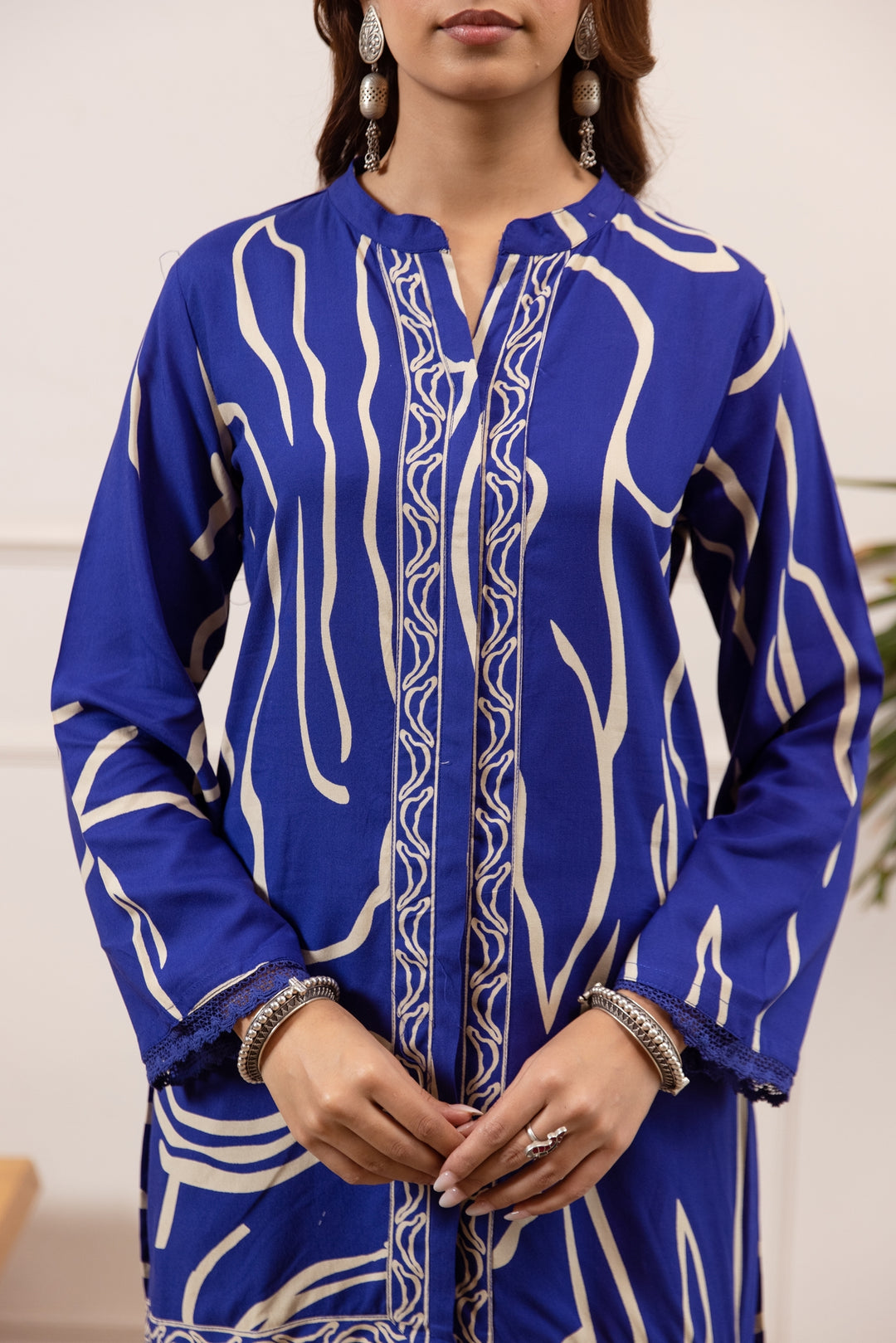 Nehamta Women's Blue German Rayon Tunic with Pant Co-Ords Set