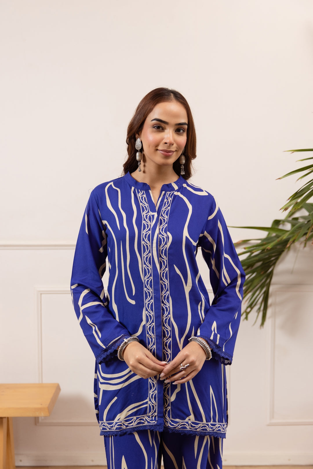 Nehamta Women's Blue German Rayon Tunic with Pant Co-Ords Set