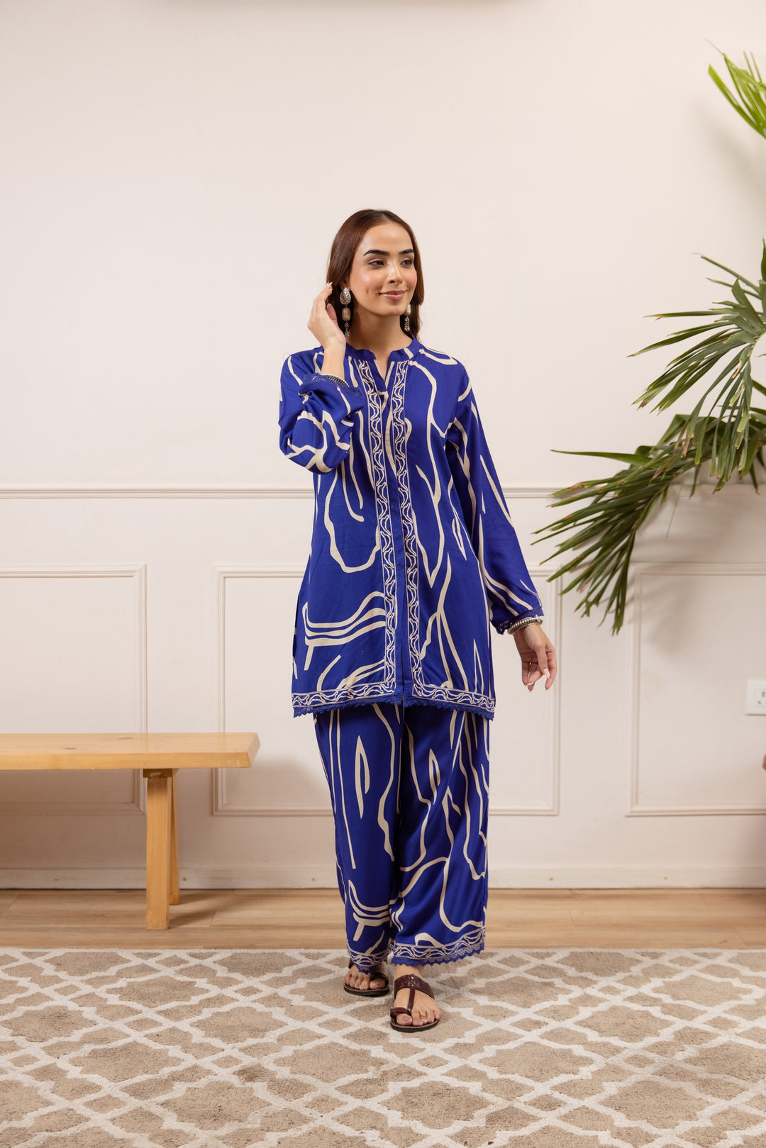 Nehamta Women's Blue German Rayon Tunic with Pant Co-Ords Set