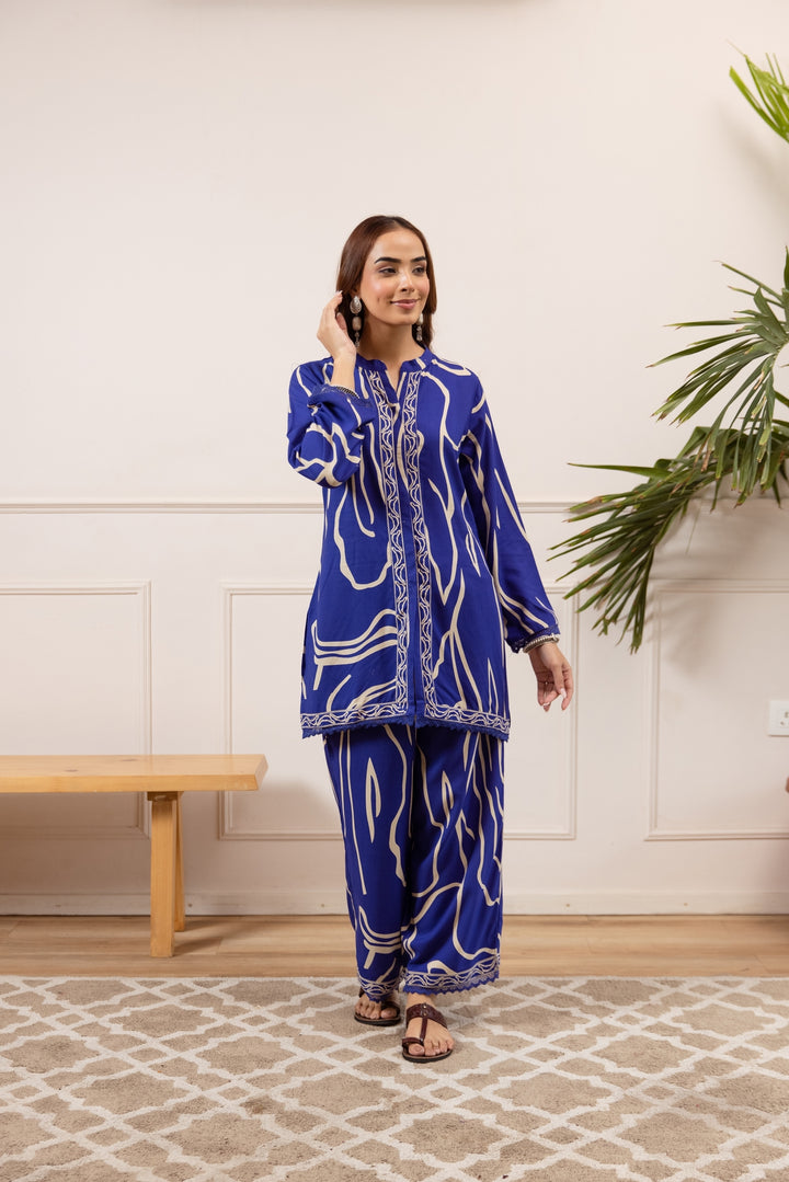 Nehamta Women's Blue German Rayon Tunic with Pant Co-Ords Set