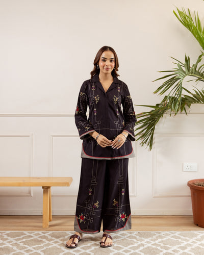 Nehamta Women's Black Cotton Shirt with Palazzo Co-Ords Set
