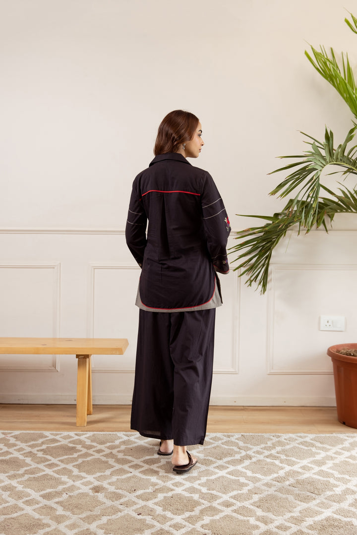 Nehamta Women's Black Cotton Shirt with Palazzo Co-Ords Set