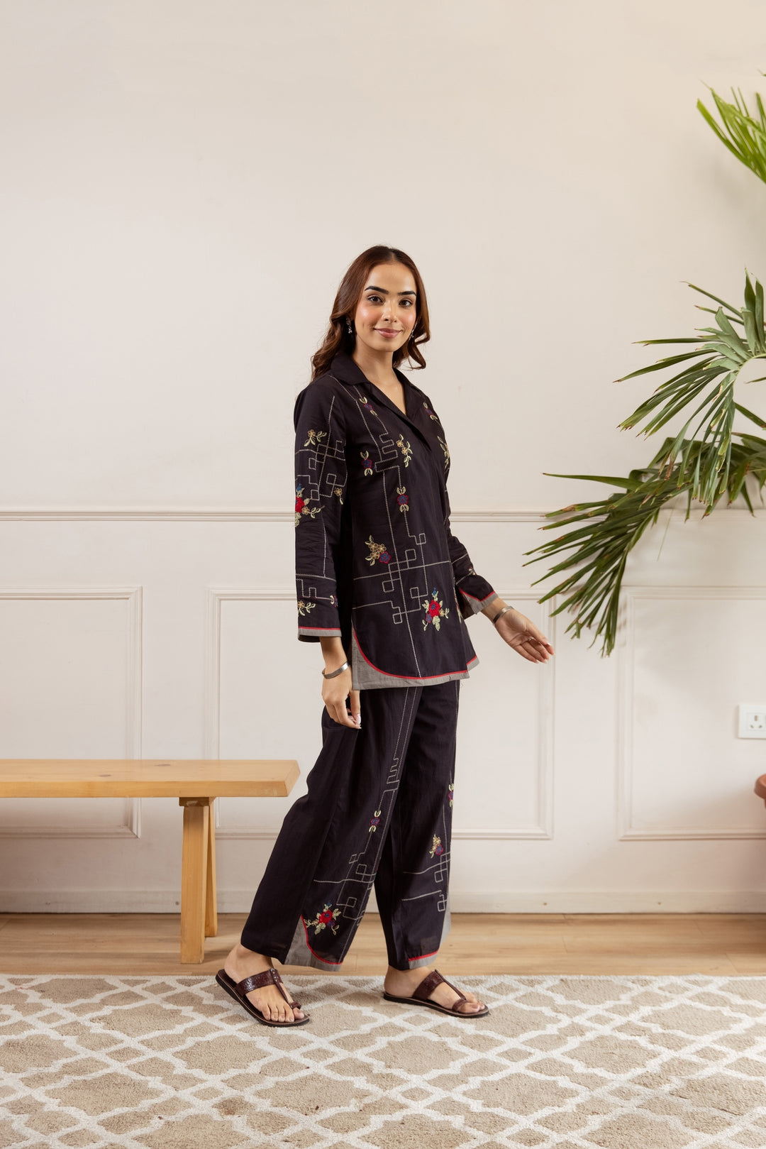 Nehamta Women's Black Cotton Shirt with Palazzo Co-Ords Set