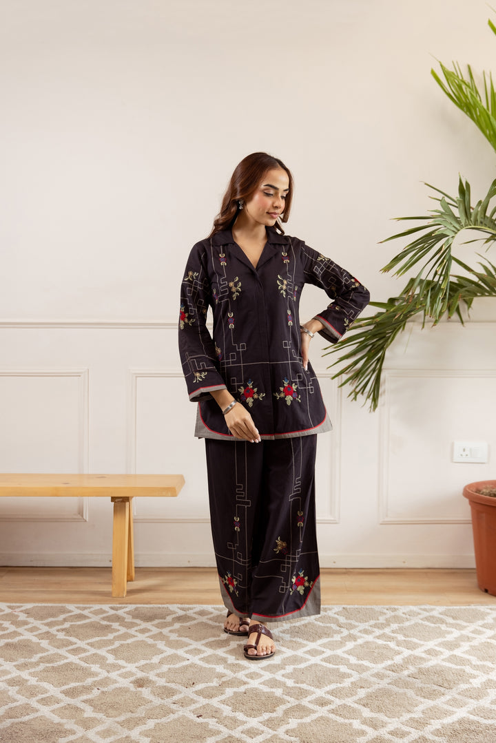 Nehamta Women's Black Cotton Shirt with Palazzo Co-Ords Set