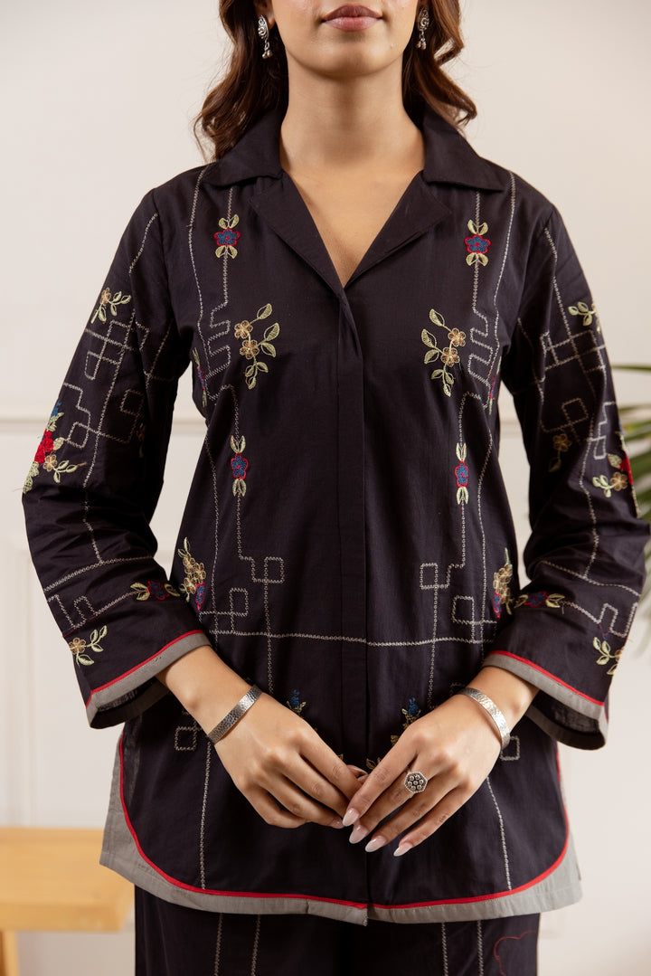 Nehamta Women's Black Cotton Shirt with Palazzo Co-Ords Set