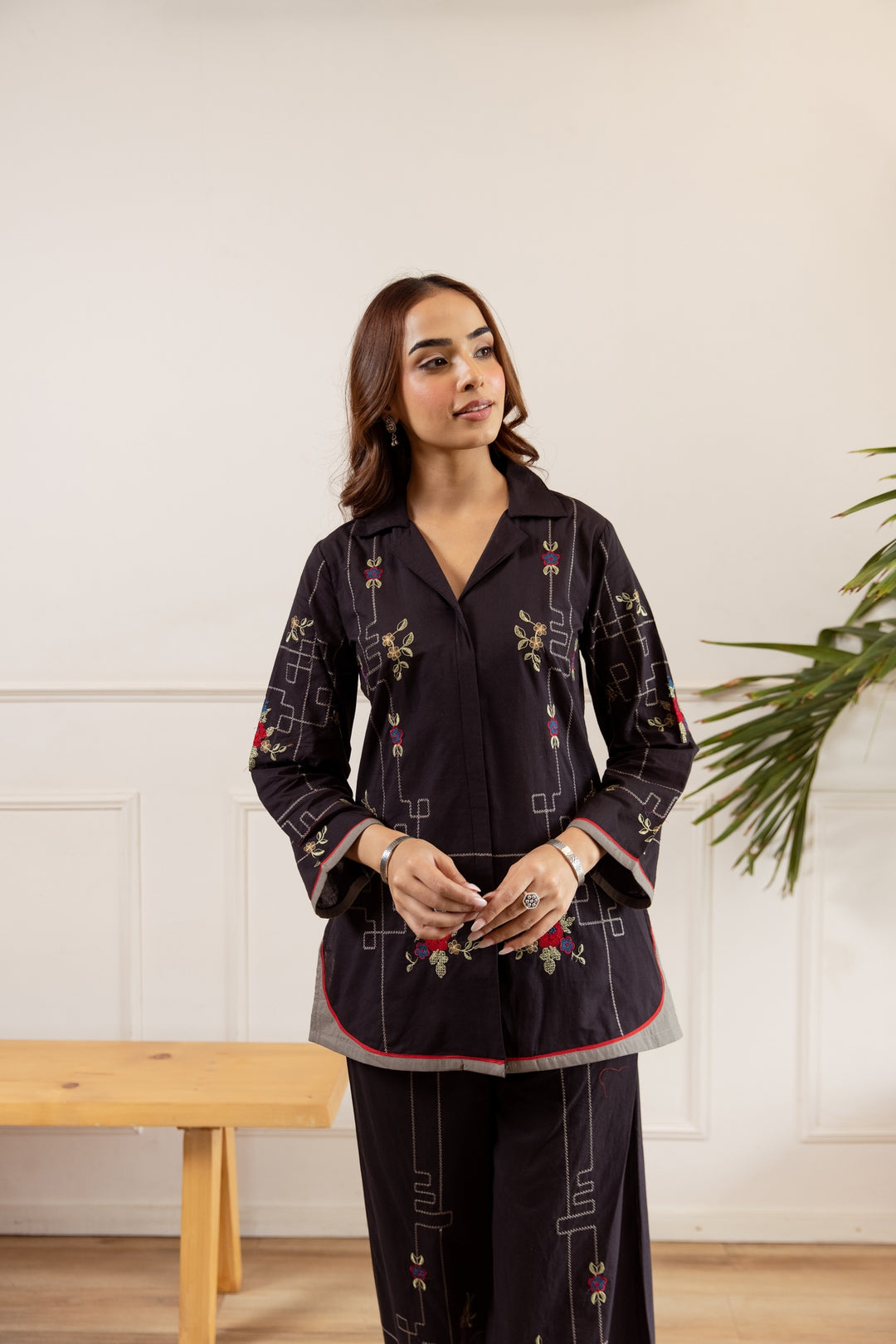 Nehamta Women's Black Cotton Shirt with Palazzo Co-Ords Set