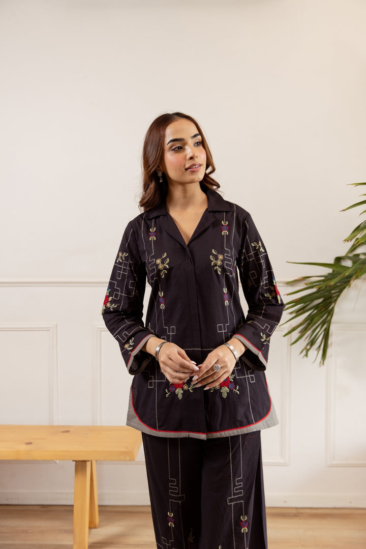 Nehamta Women's Black Cotton Shirt with Palazzo Co-Ords Set