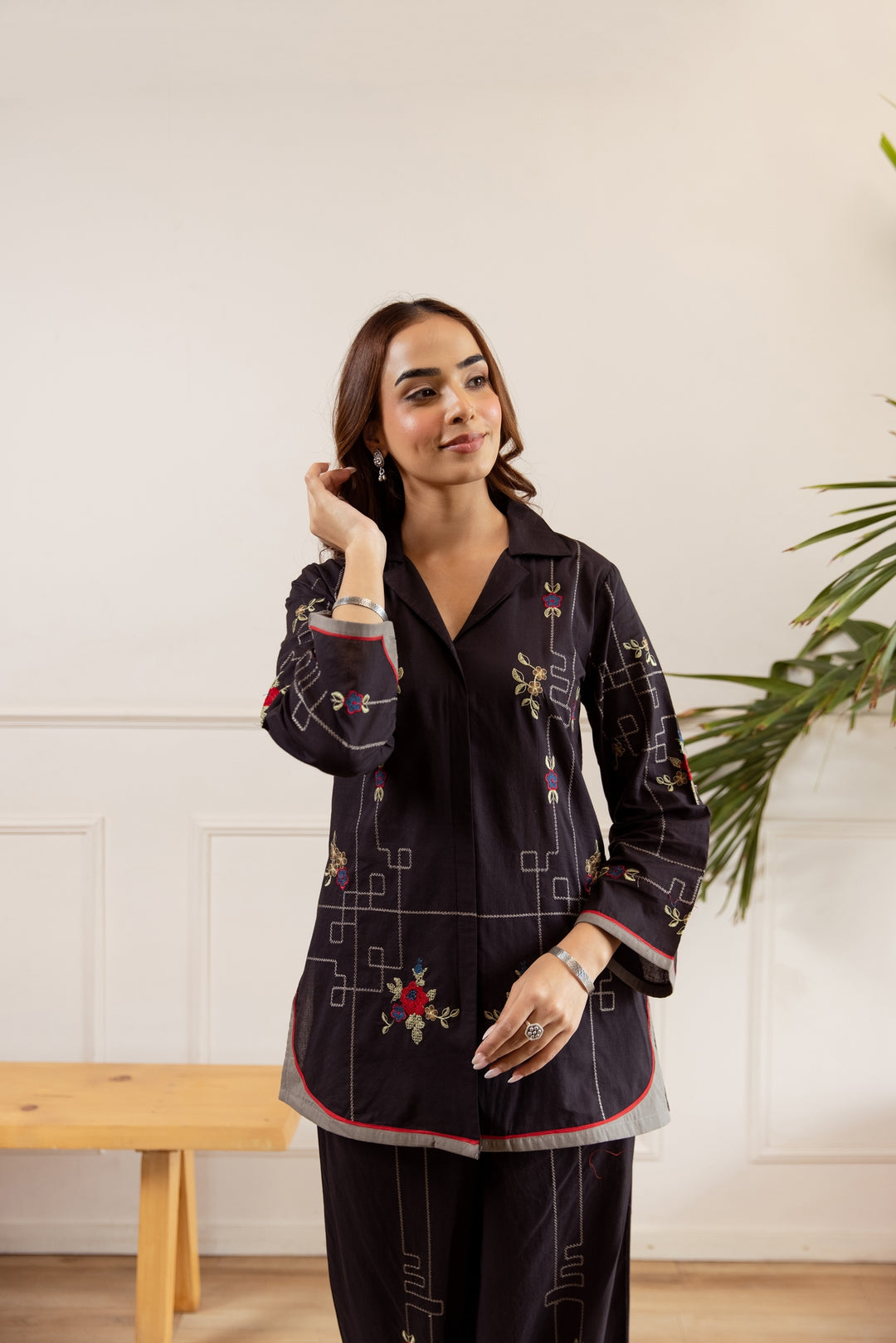 Nehamta Women's Black Cotton Shirt with Palazzo Co-Ords Set