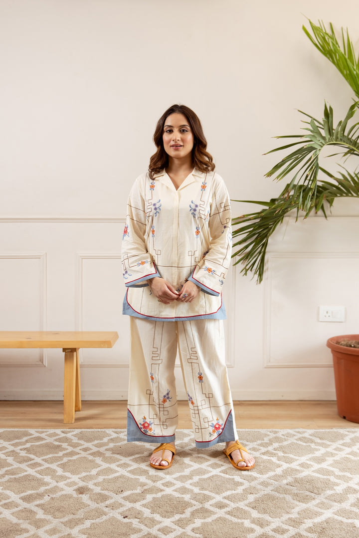 Nehamta Women's Off White Cotton Shirt with Palazzo Co-Ords Set