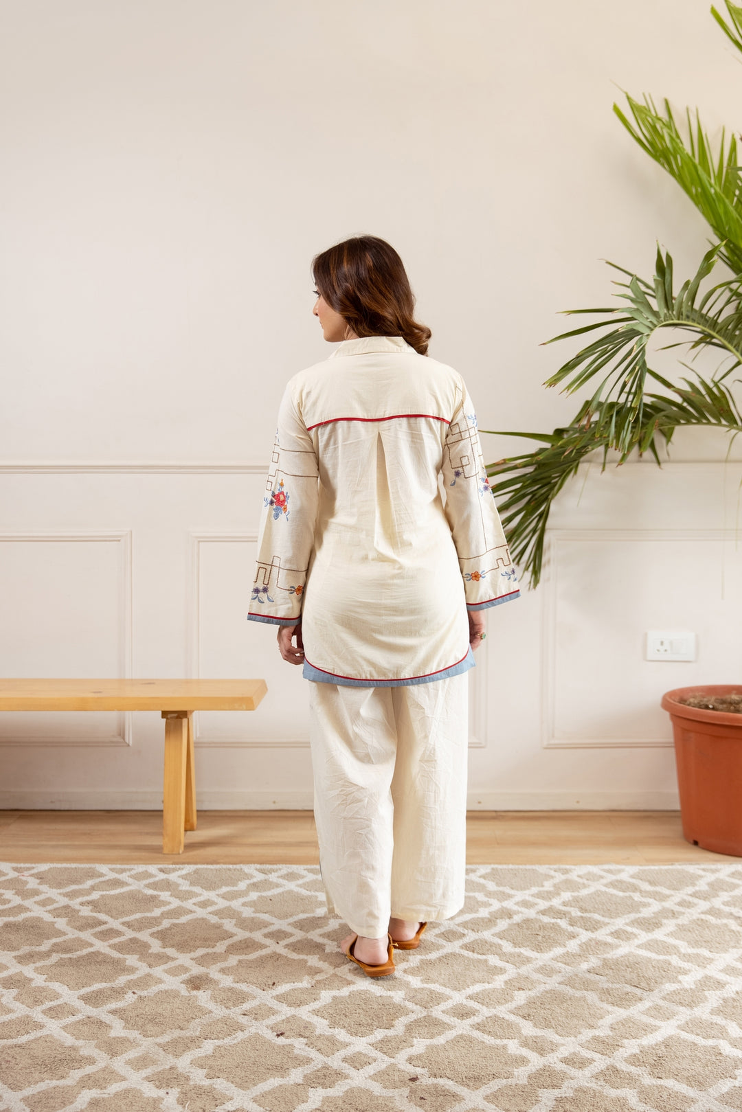 Nehamta Women's Off White Cotton Shirt with Palazzo Co-Ords Set