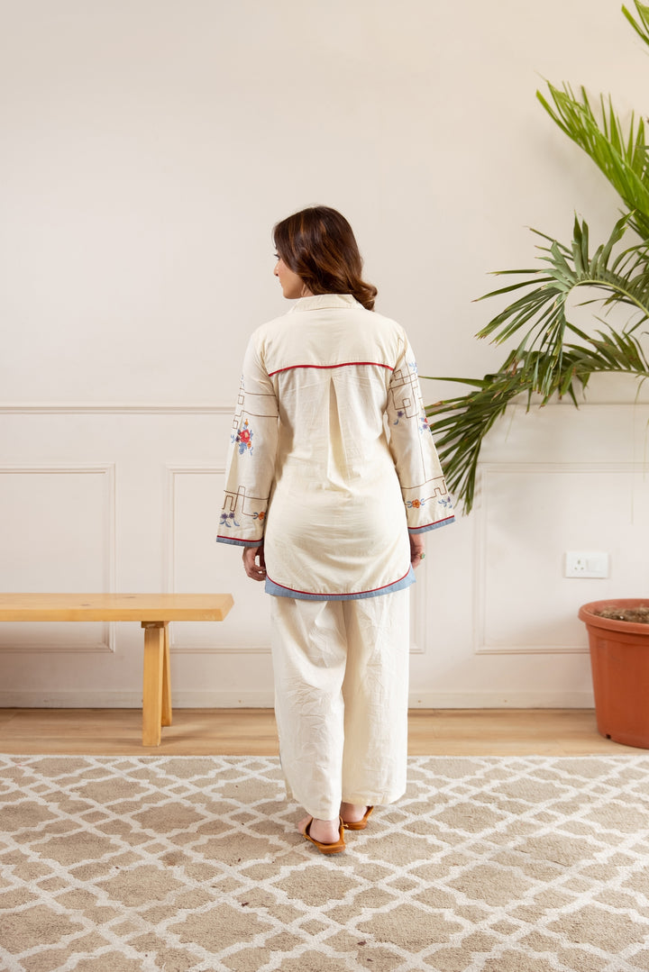 Nehamta Women's Off White Cotton Shirt with Palazzo Co-Ords Set